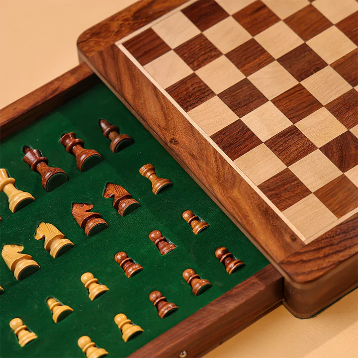 10" Flat Wooden Magnetic Chess Set With In Built Drawer Chest for Chess Pieces Storage - Image 3