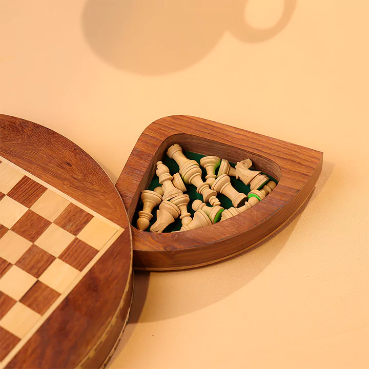 10" Round Wooden Magnetic Chess Set With In Built Drawer Chest for Chess Pieces Storage - Image 4