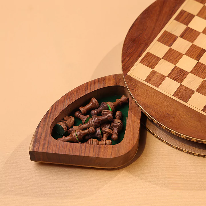 10" Round Wooden Magnetic Chess Set With In Built Drawer Chest for Chess Pieces Storage - Image 5