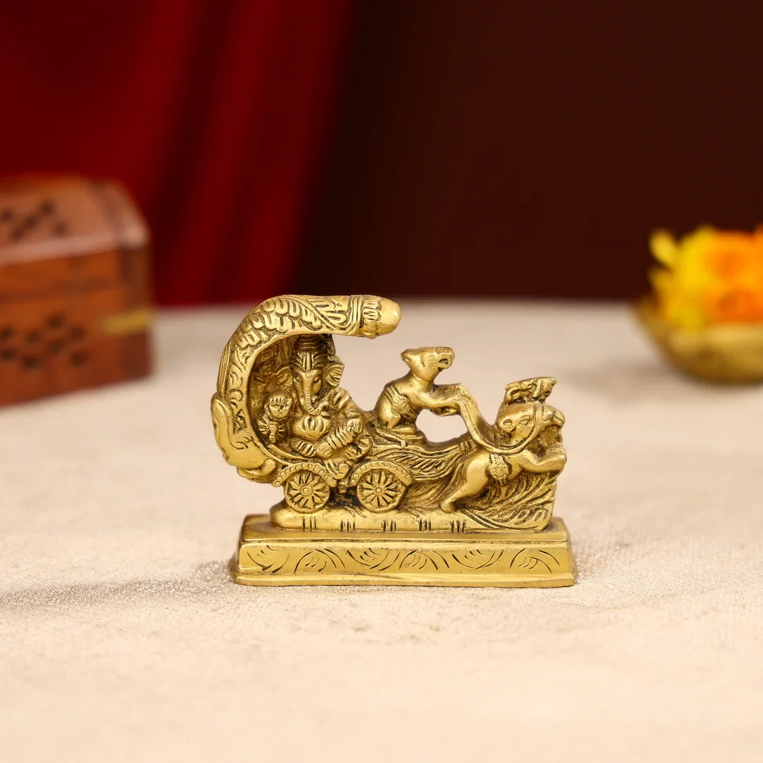 2.75" Lord Ganesha With Mouse Riding on Rath Table Decor