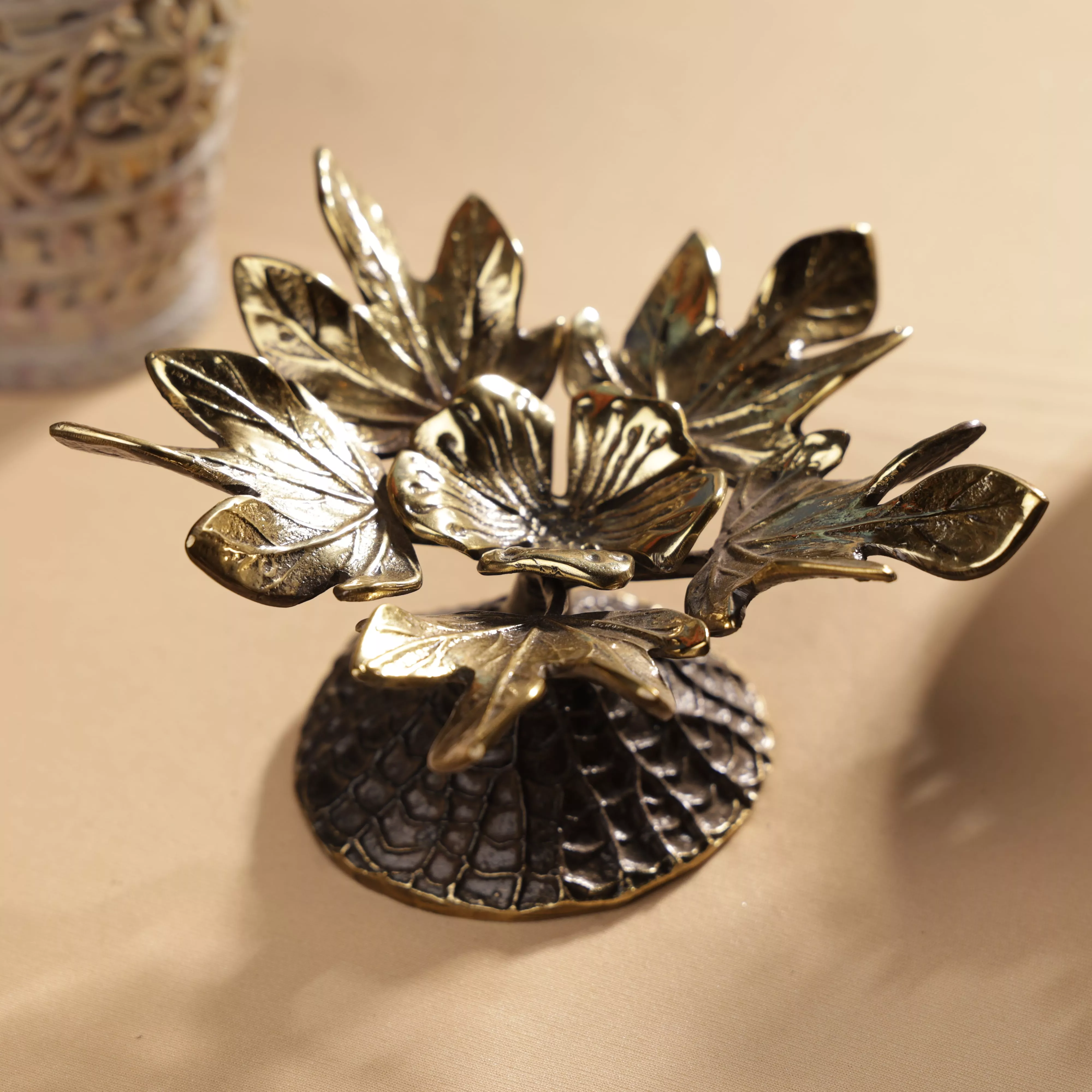 Antique Finish Brass Flower With Maple Leaves Table Decor - Image 2