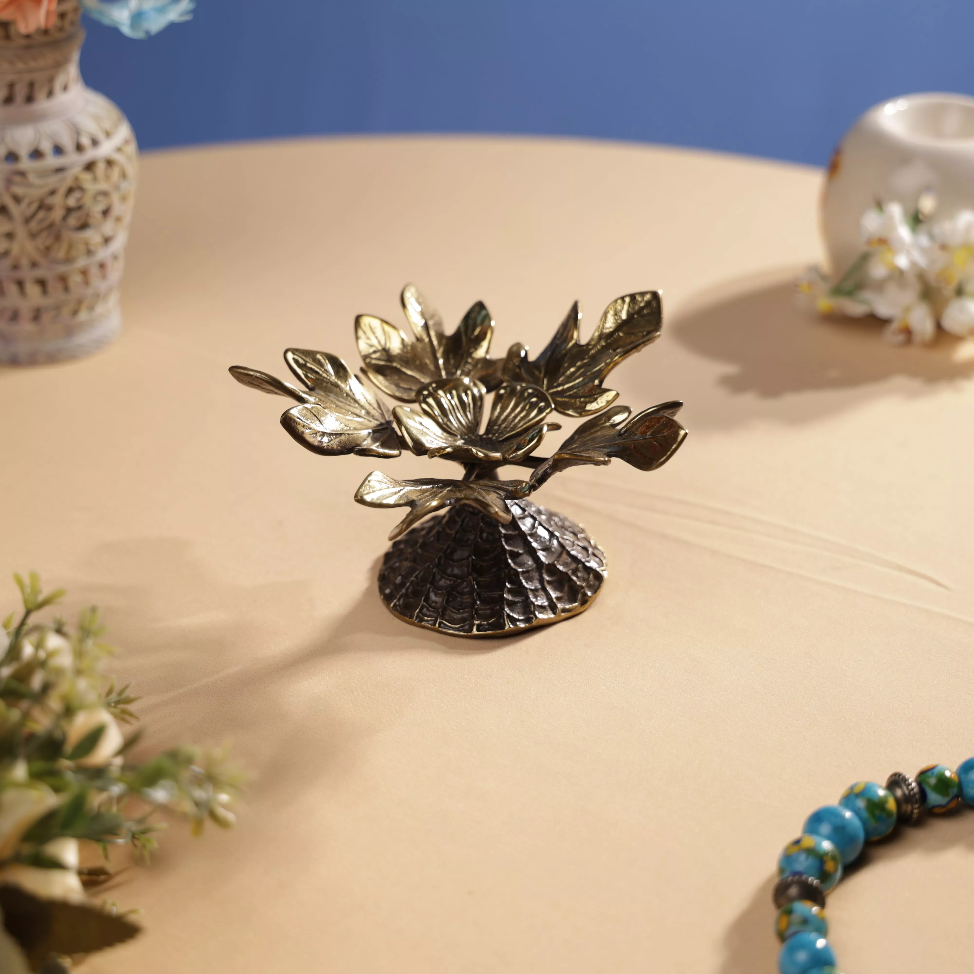 Antique Finish Brass Flower With Maple Leaves Table Decor - Image 5