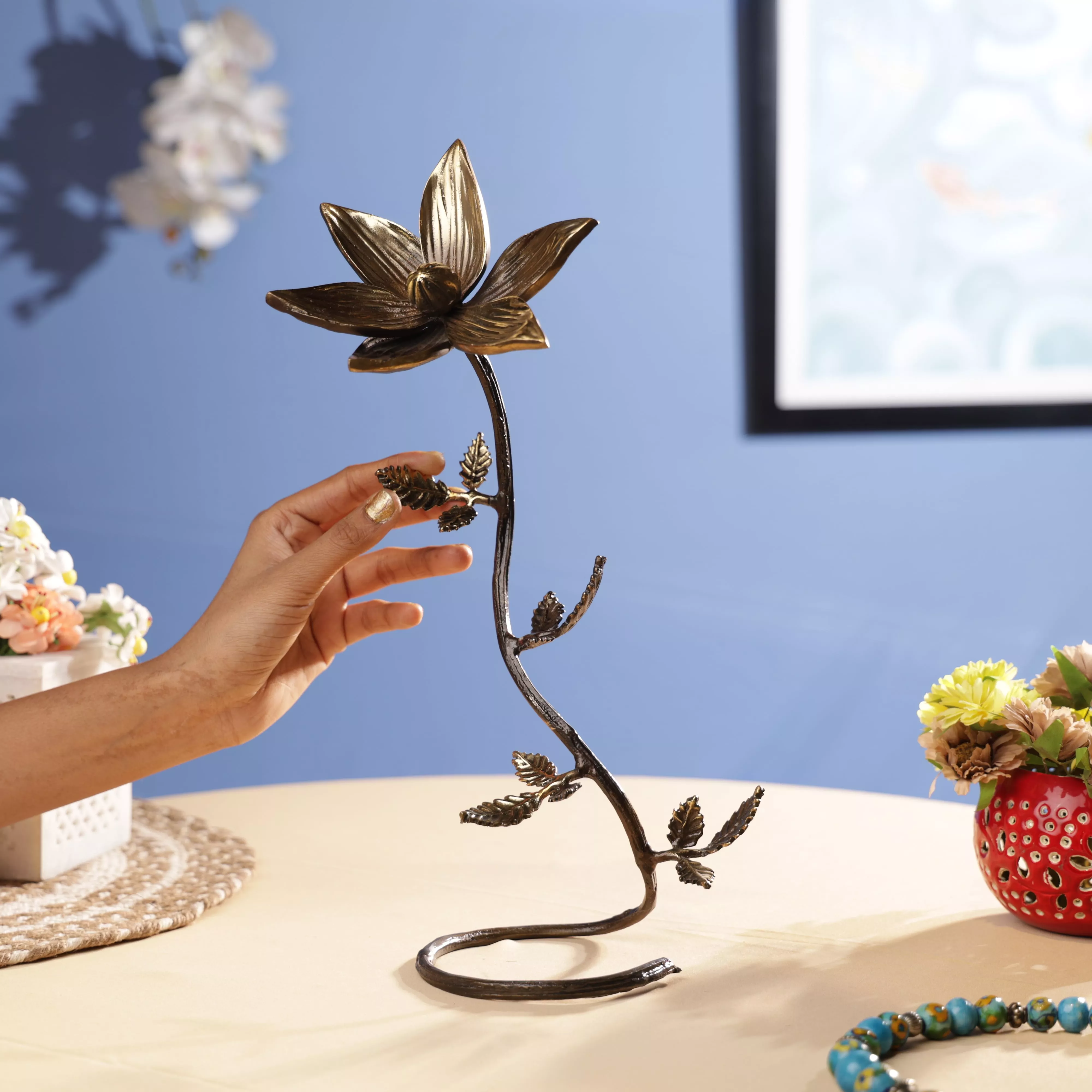 Antique FInish Brass Lotus Flower Twig Table Decor - Image 3