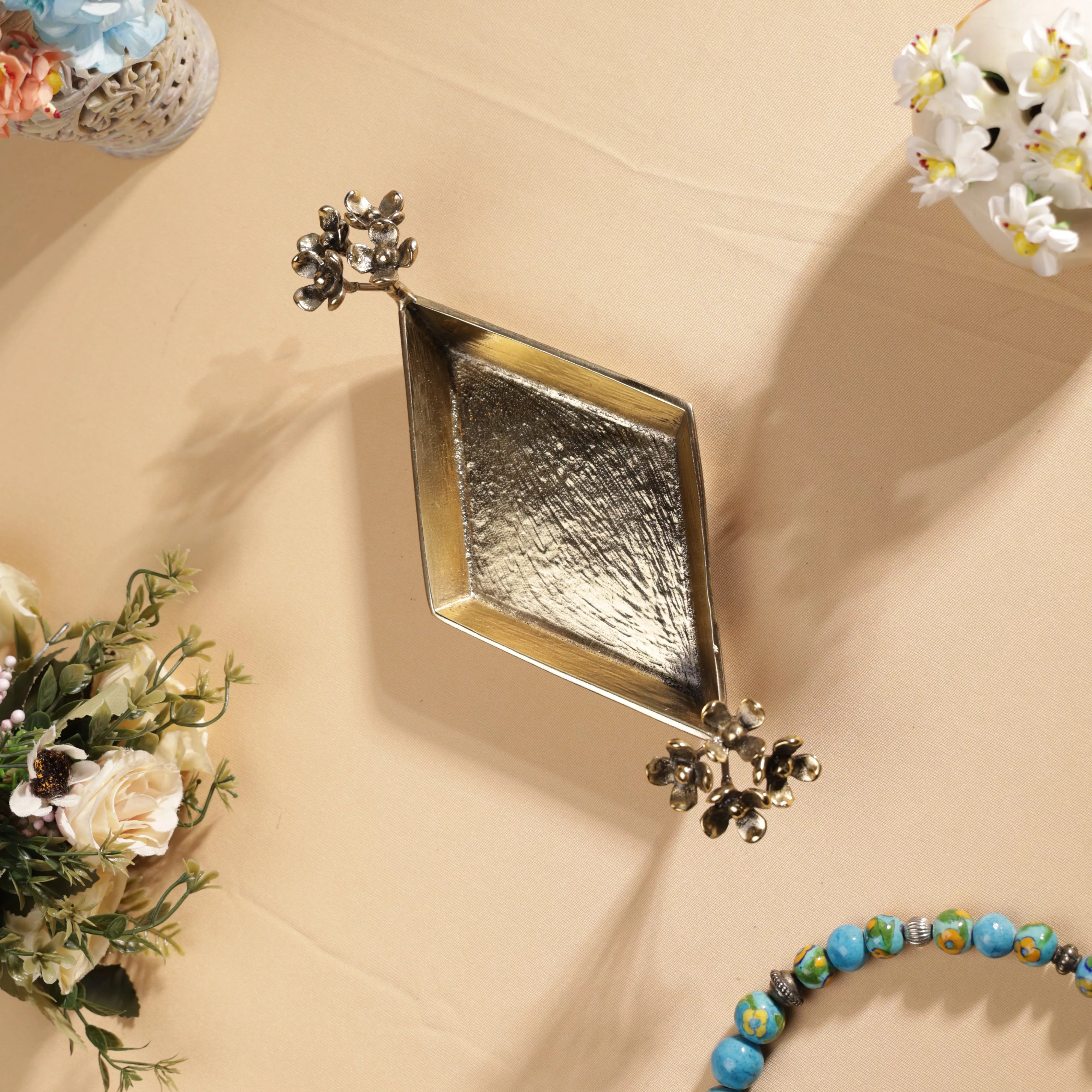 Antique Finish Brass Pulmeria Flower Edged Rhombus Platter - Image 5