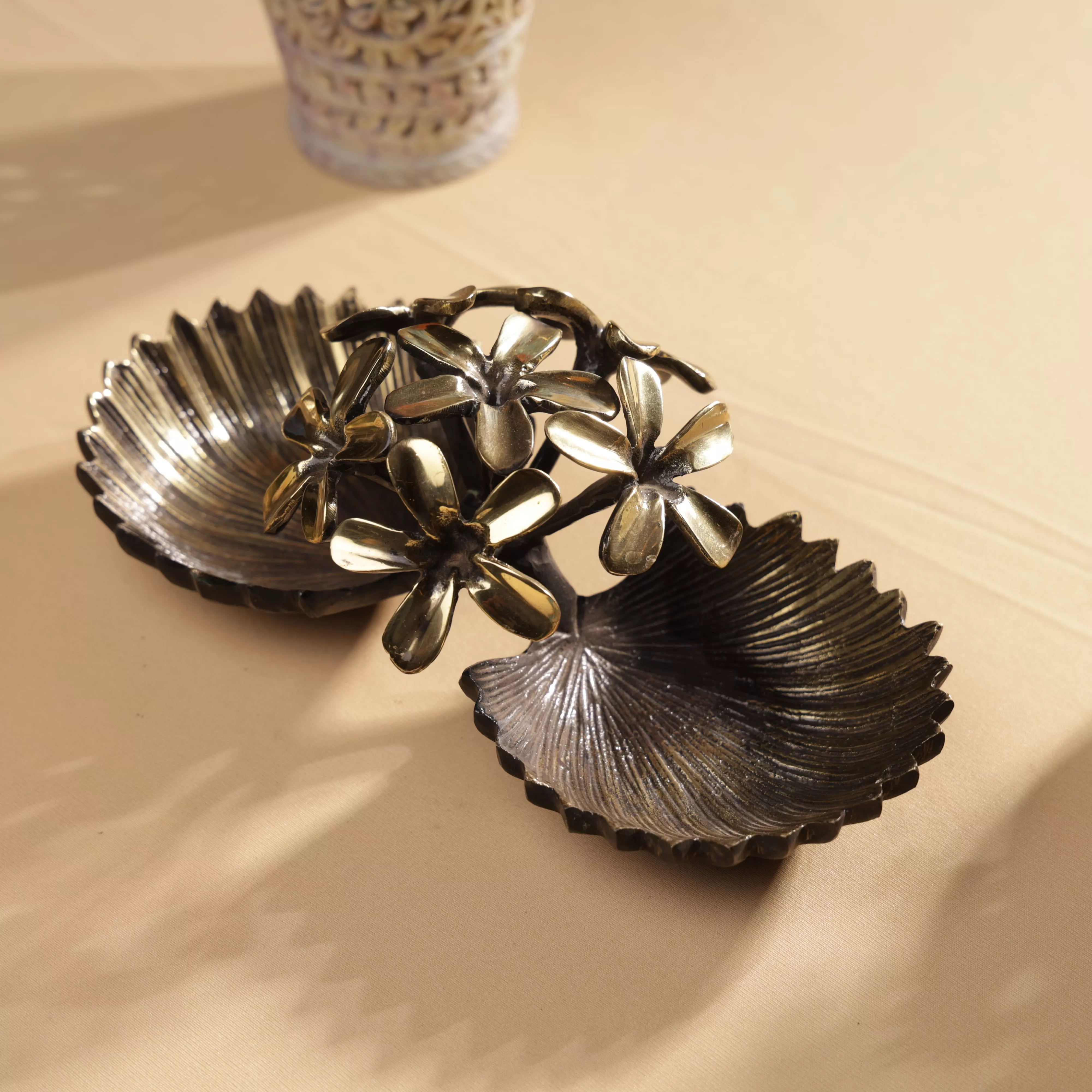 Antique Finsh Brass Pulmeria Flower Bunch Dual Bowl Platter - Image 6