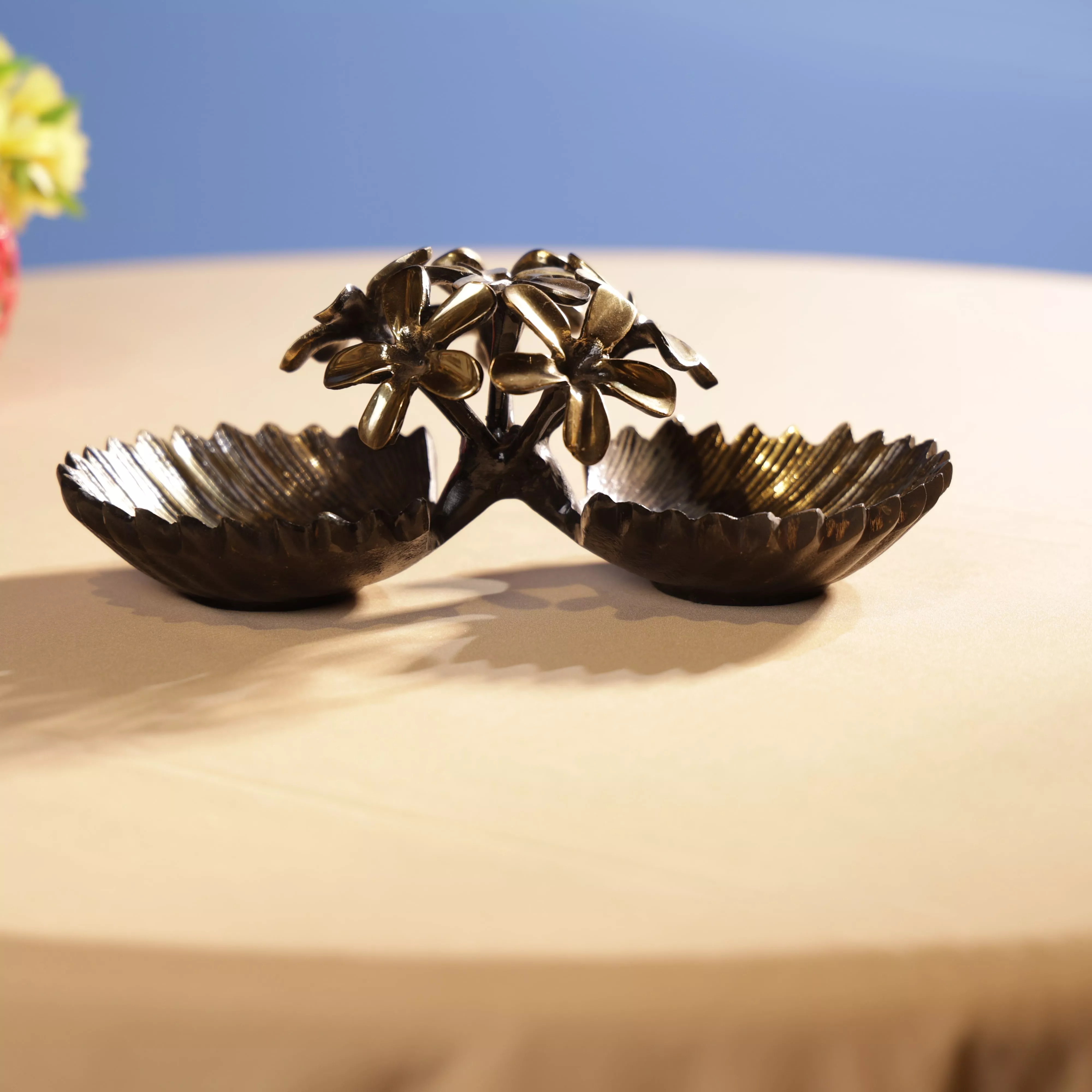 Antique Finsh Brass Pulmeria Flower Bunch Dual Bowl Platter - Image 7