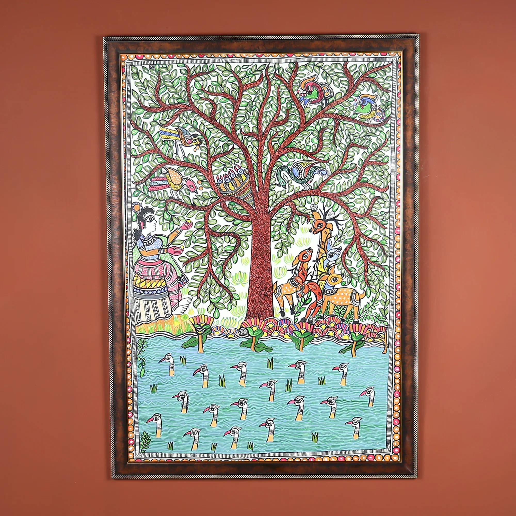 Hand-Painted Artwork of Woman, Birds, and Deer in Nature