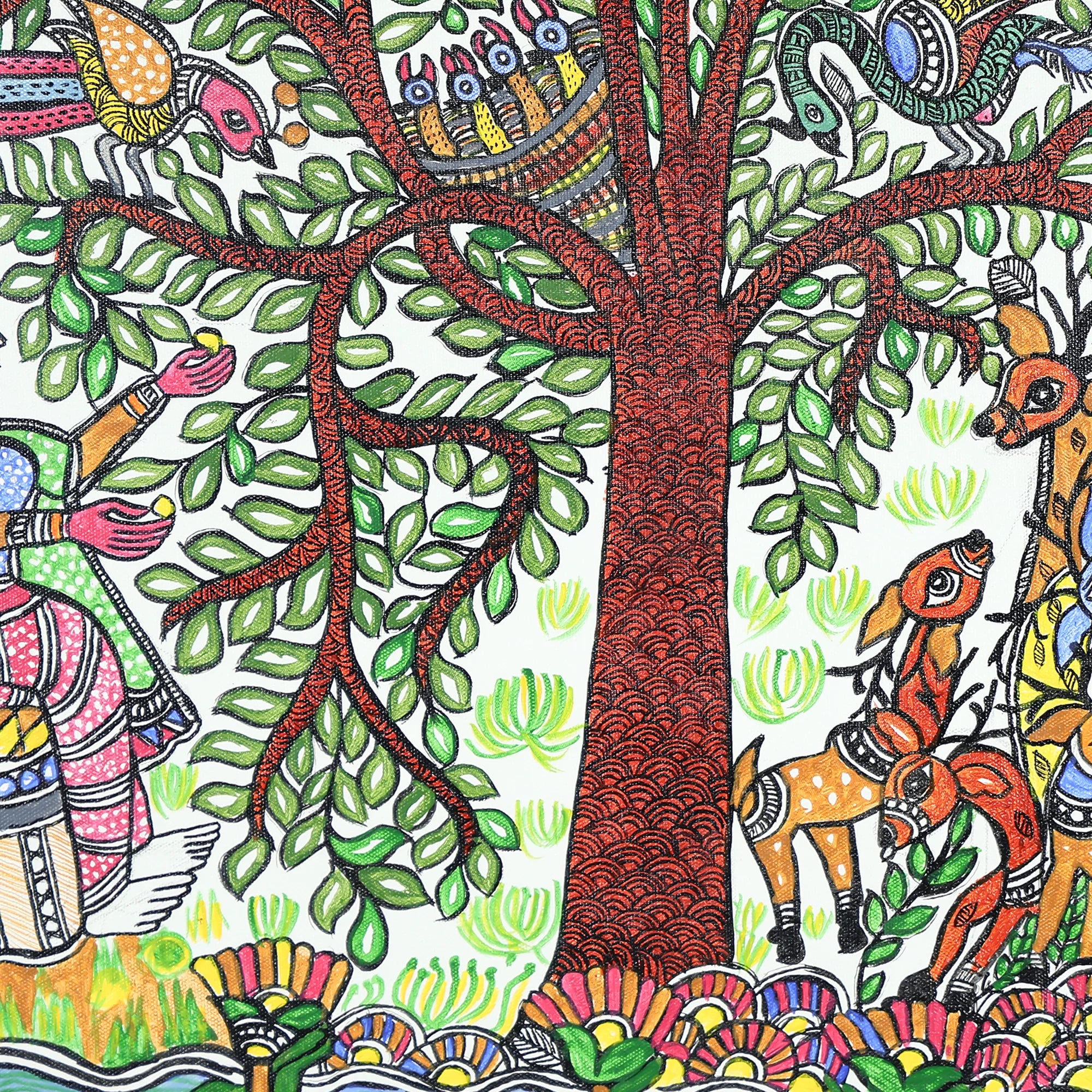 Hand-Painted Artwork of Woman, Birds, and Deer in Nature - Image 2