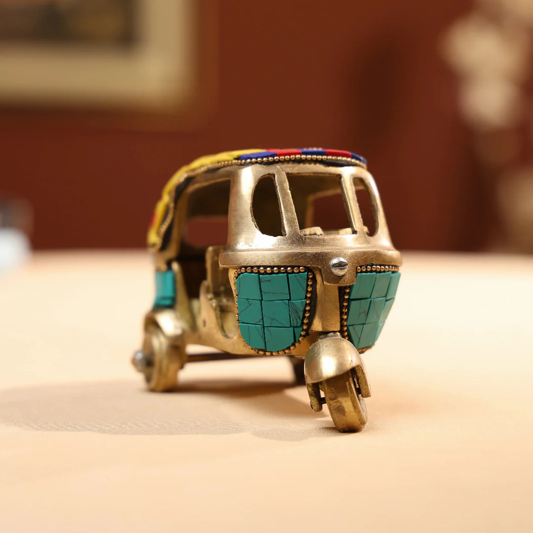 Brass Auto Rickshaw with Stonework - Large - Image 3