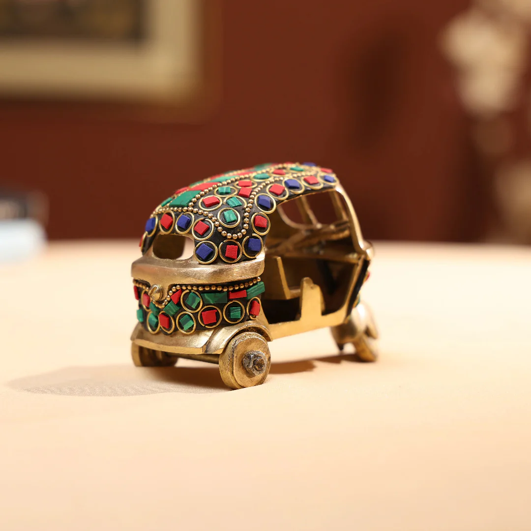 Brass Auto Rickshaw  with Stonework - Small - Image 3
