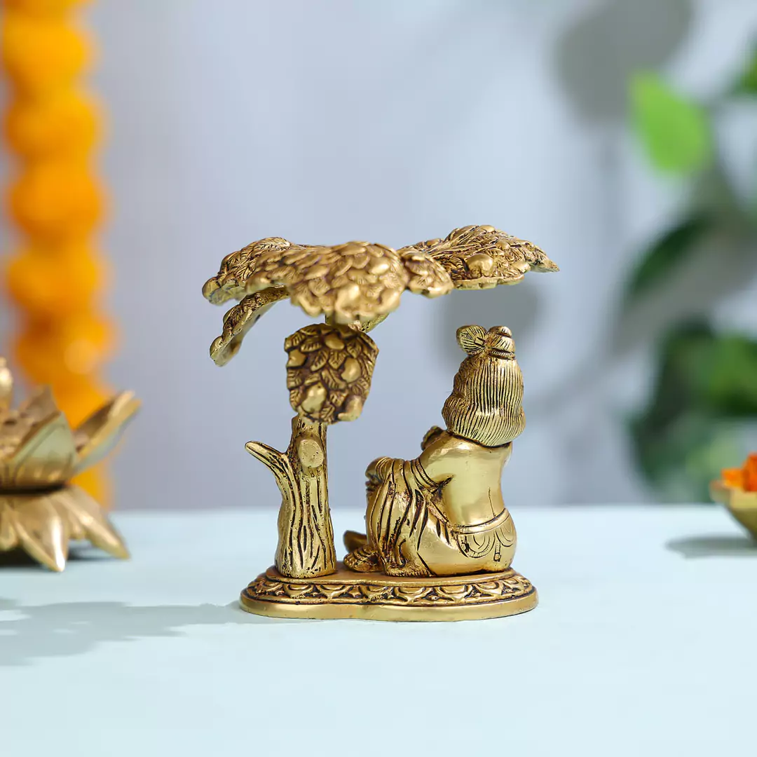 5" Super Fine Brass Makhan Krishna Under Tree Idol - Image 2