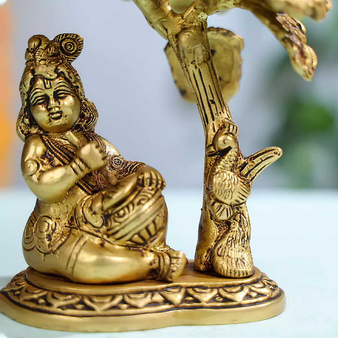5" Super Fine Brass Makhan Krishna Under Tree Idol - Image 4