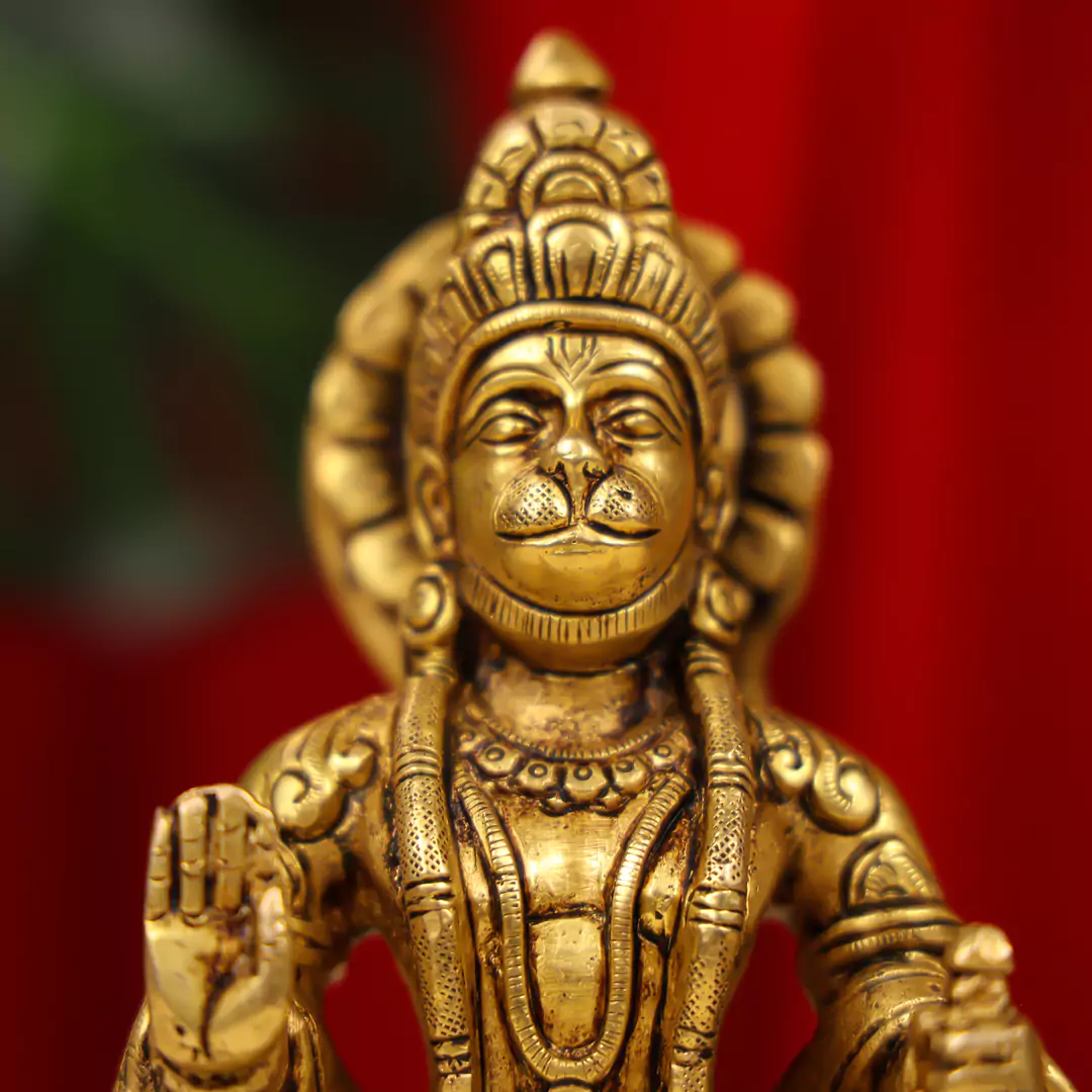 7" Brass Blessing Hanuman Idol Seated On A Chowki - Image 6