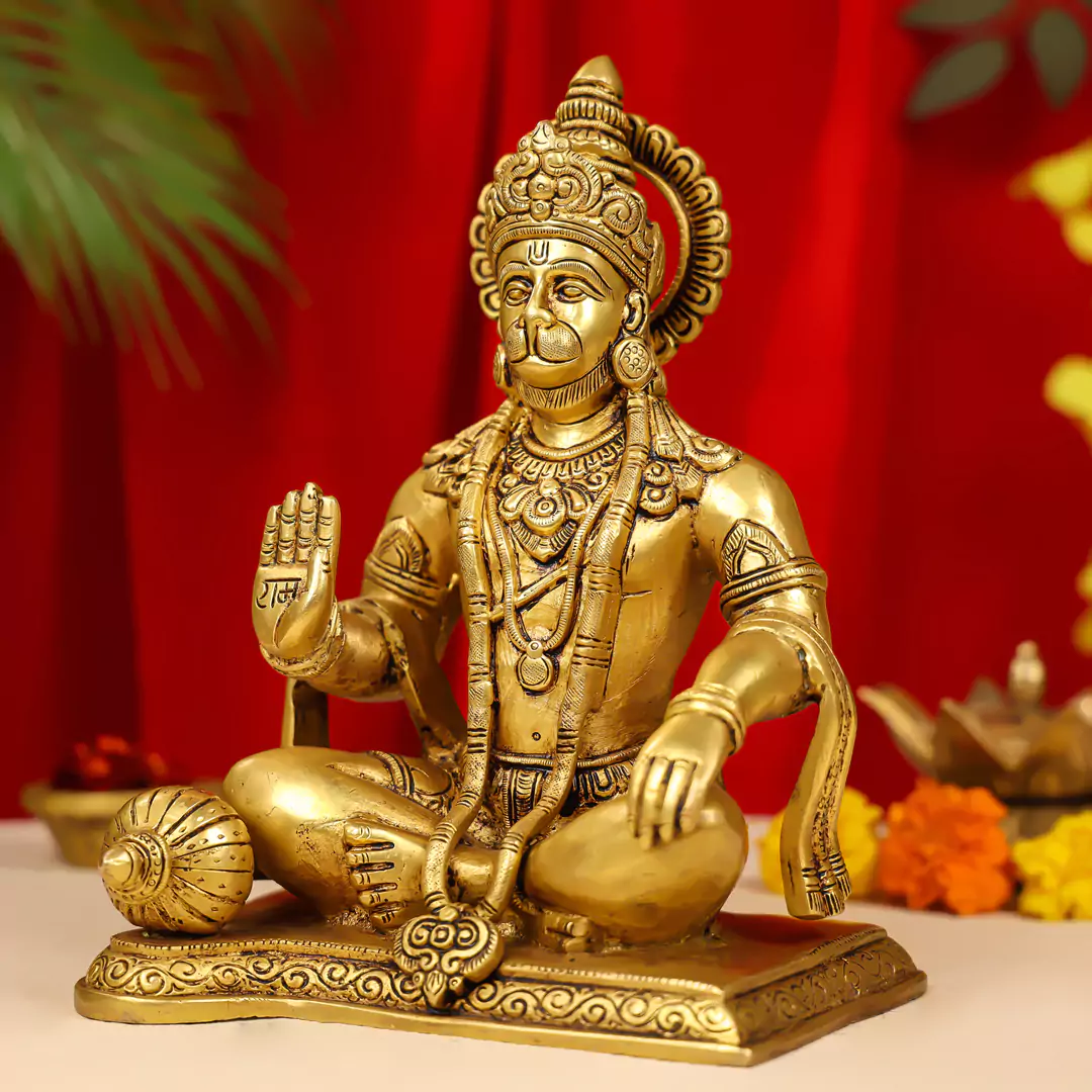 10" Brass Blessing Lord Hanuman Idol Seated Cross Legged - Image 3