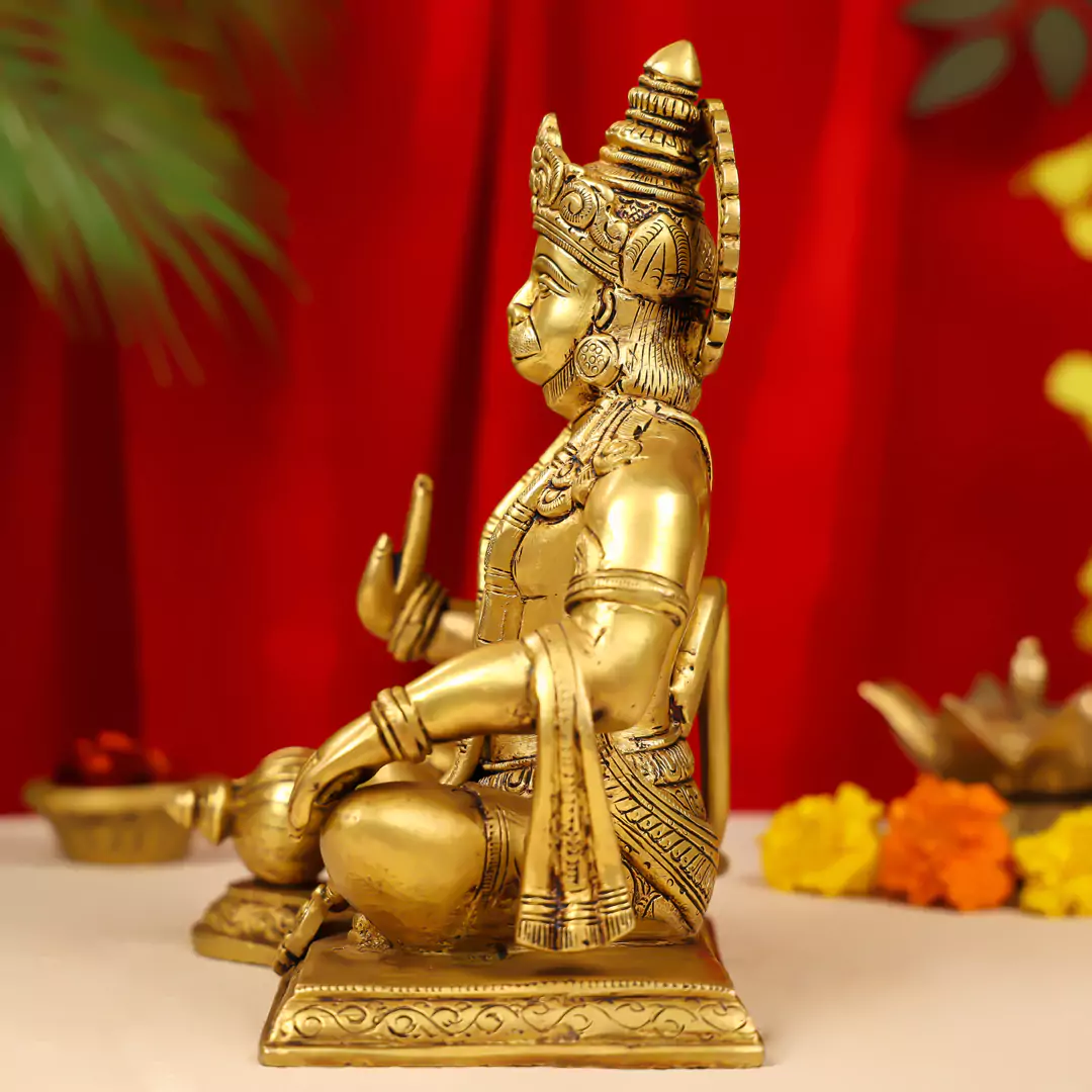 10" Brass Blessing Lord Hanuman Idol Seated Cross Legged - Image 4