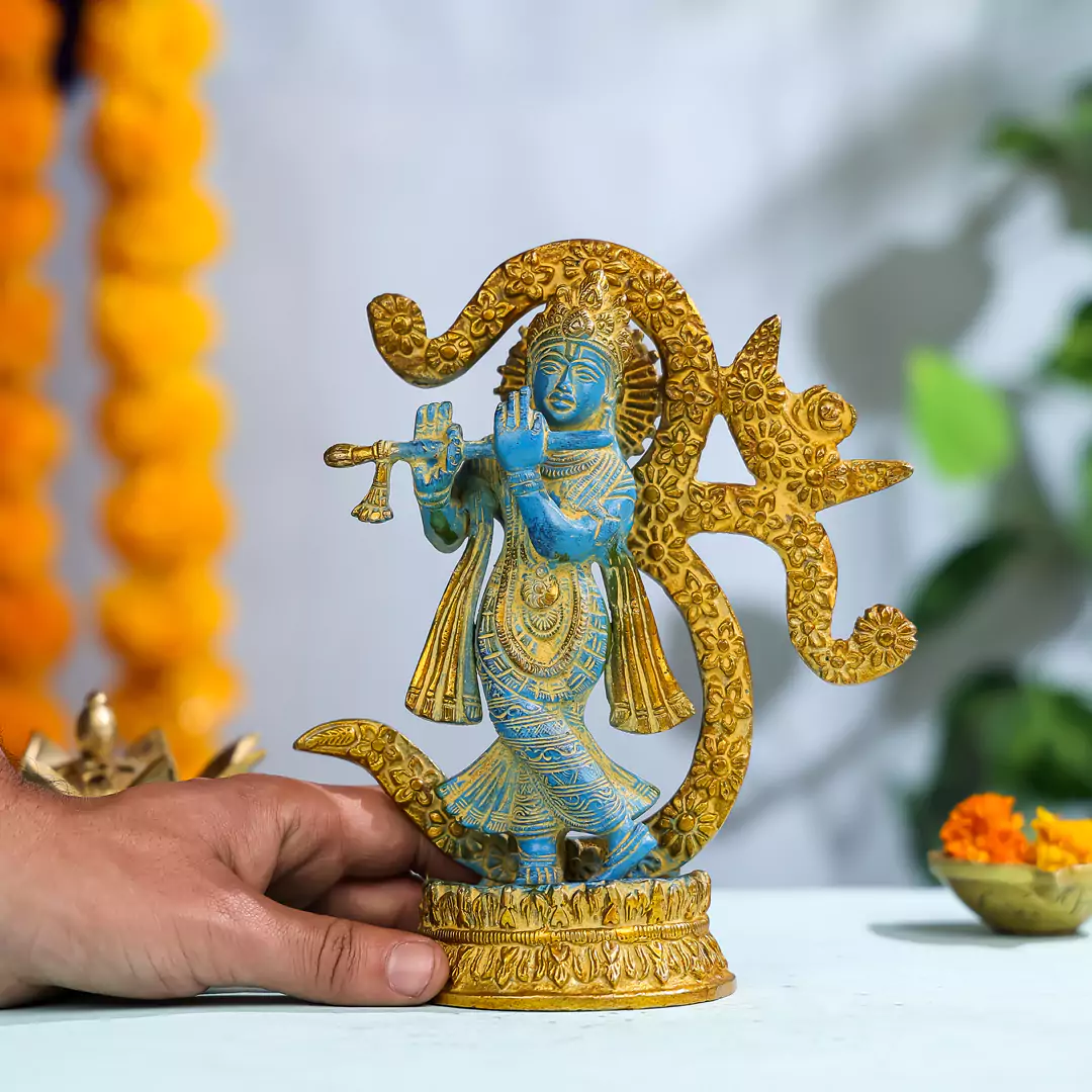 8" Coloured Brass Lord Krishna With OM Signage - Image 2