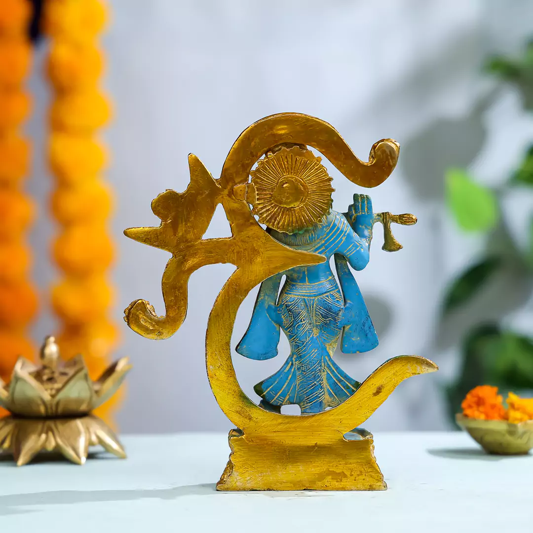 8" Coloured Brass Lord Krishna With OM Signage - Image 3