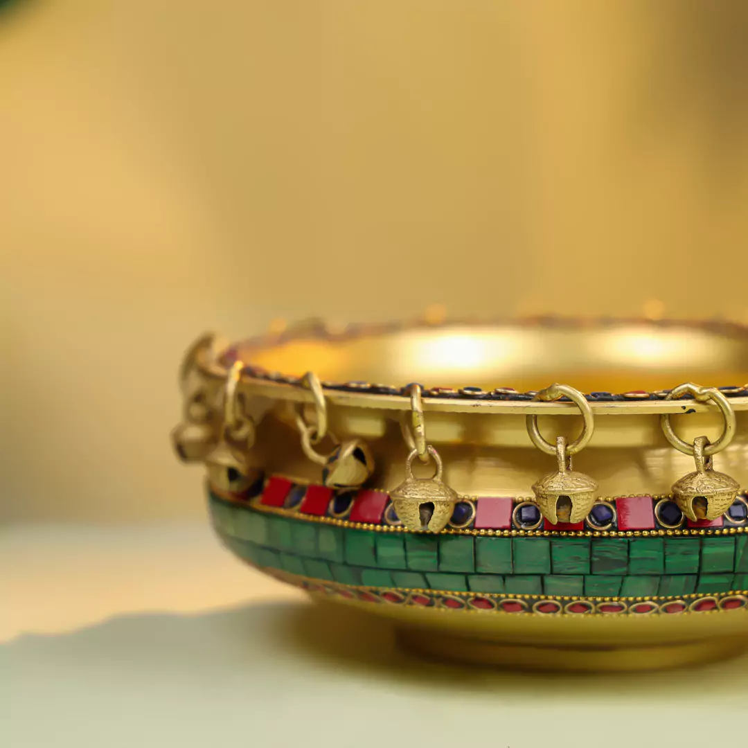 8" Brass Bowl Urli - Stone Work - Image 3