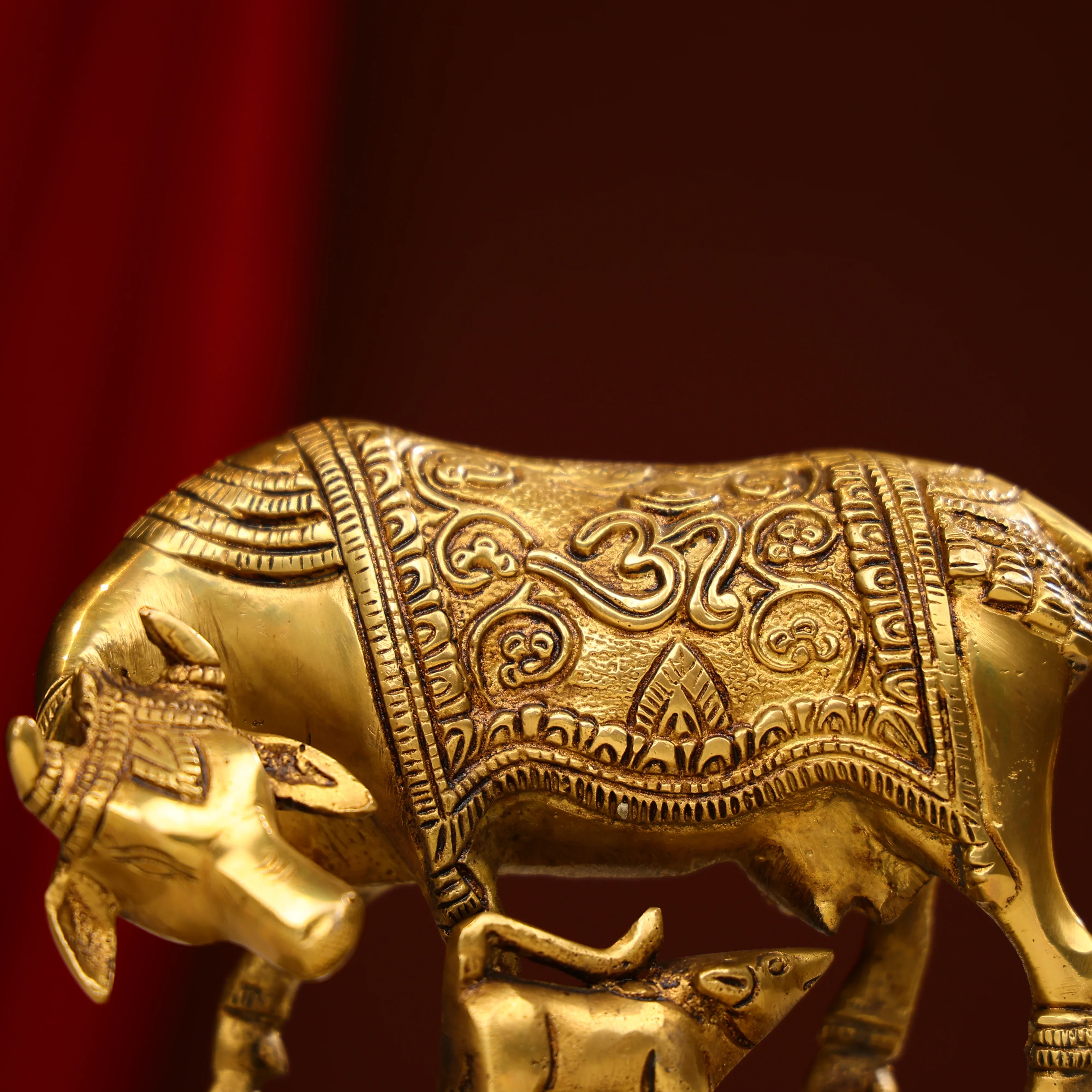 Brass Cow And Calf With Om Sign Carved - Image 5