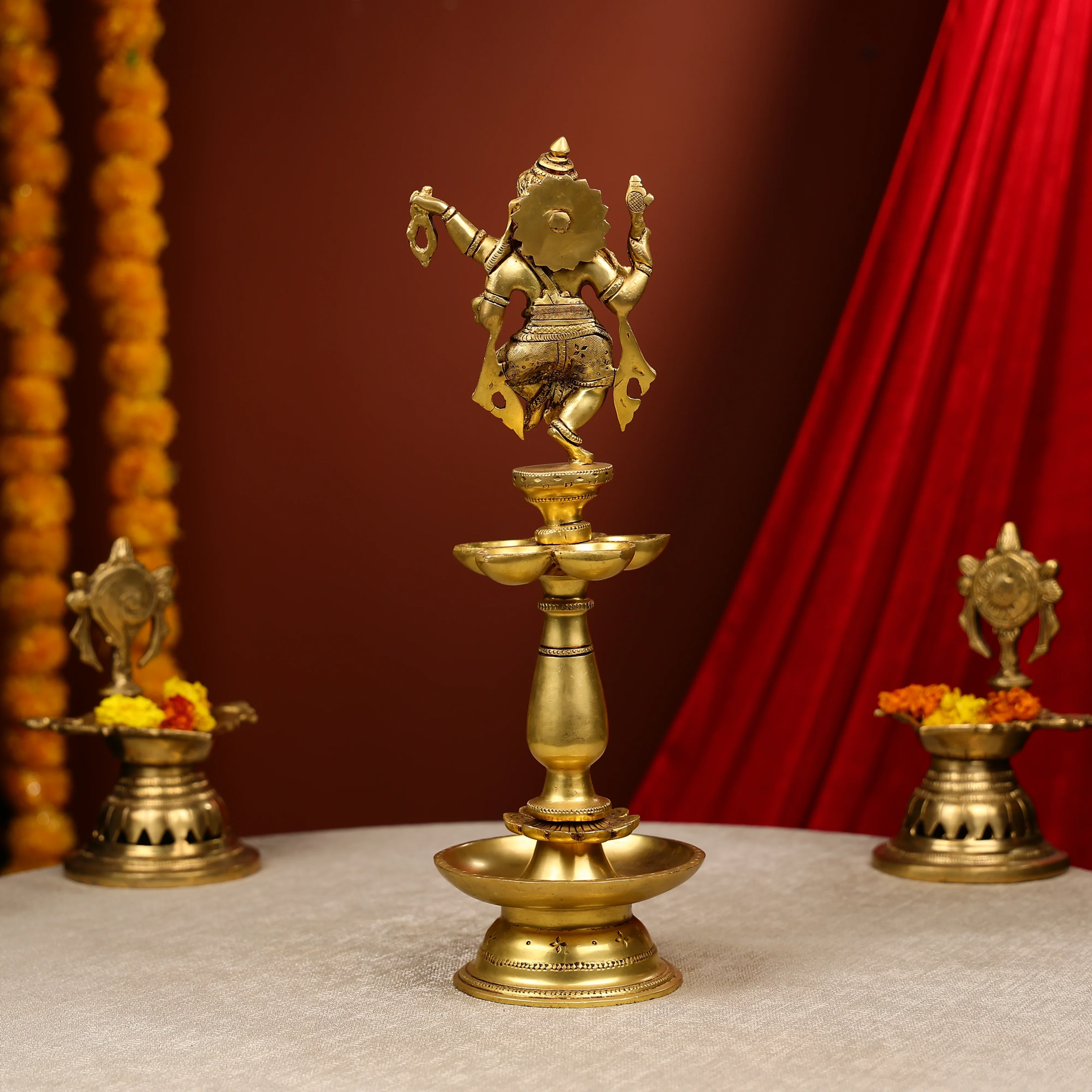 16" Super Fine Brass Lord Ganesha Dancing Long Diya With 6 Lights - Image 3