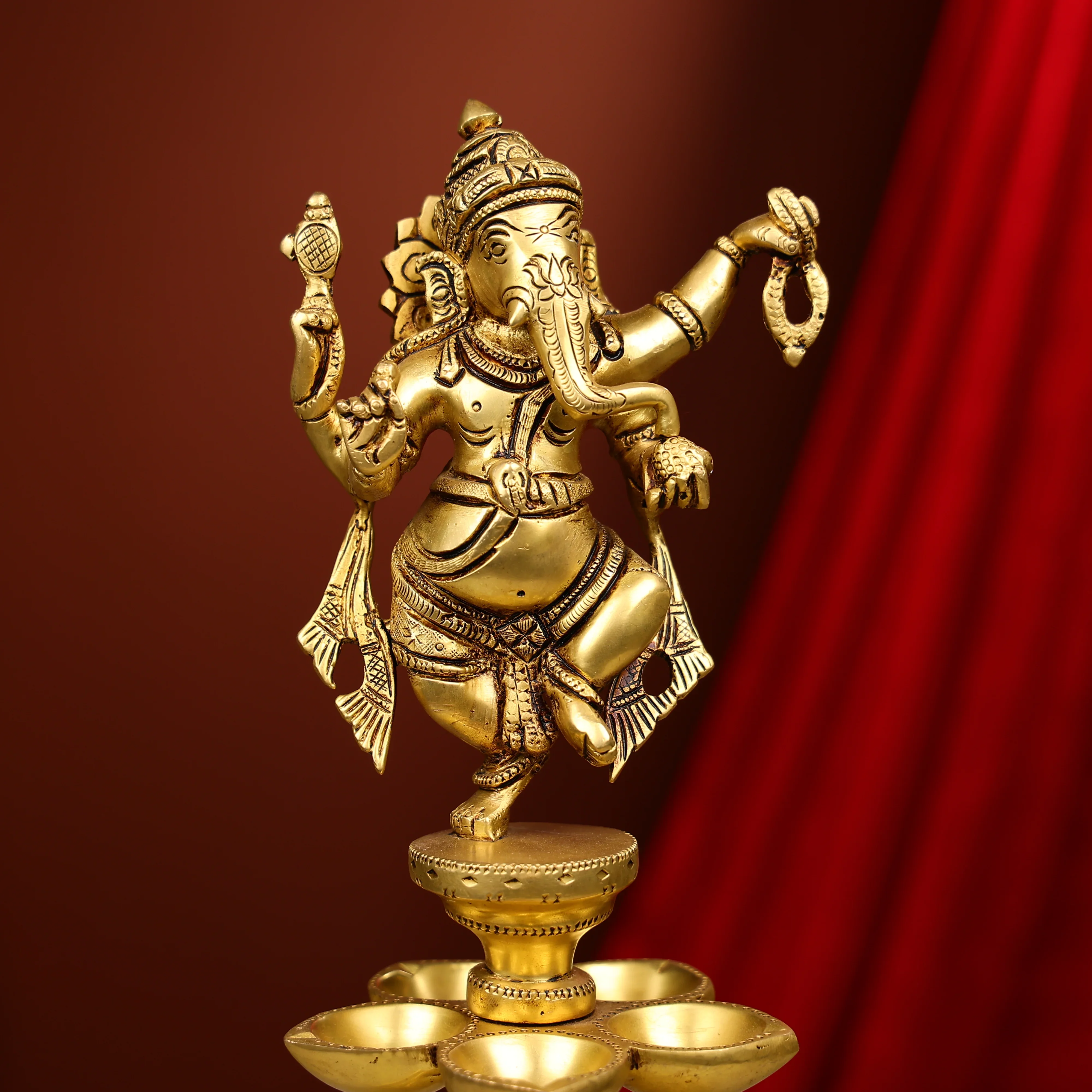 16" Super Fine Brass Lord Ganesha Dancing Long Diya With 6 Lights - Image 4
