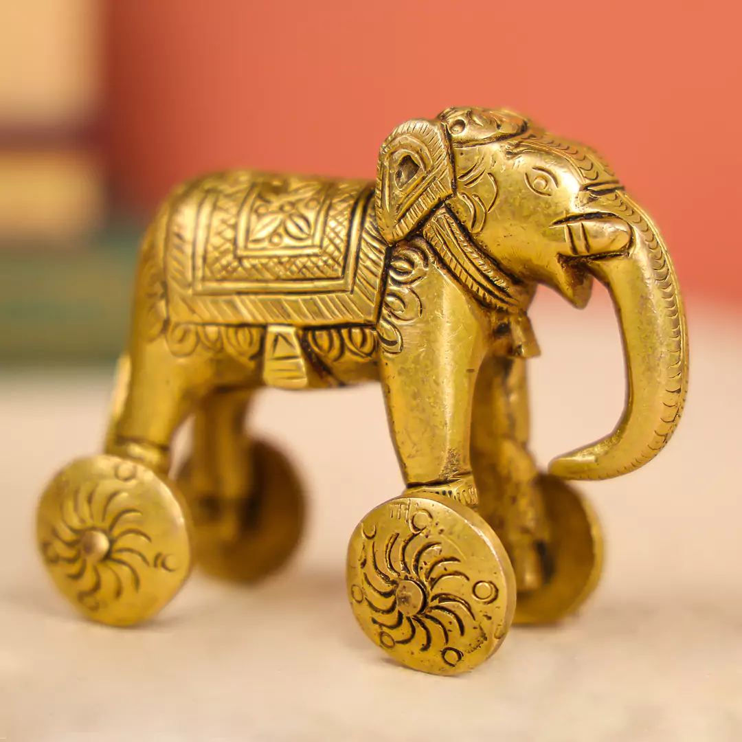 3.5" Brass Elephant On Wheels Toy - Image 4