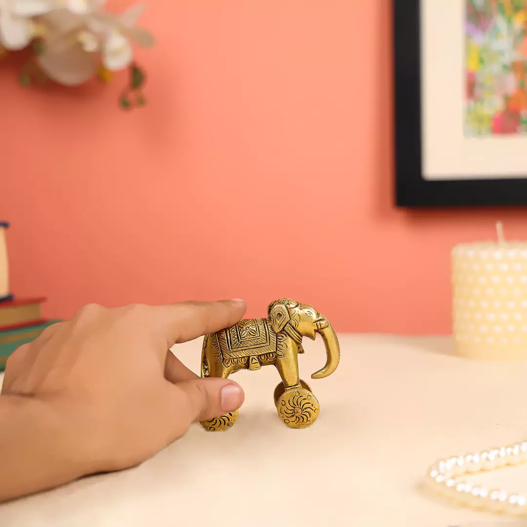 3.5" Brass Elephant On Wheels Toy - Image 5
