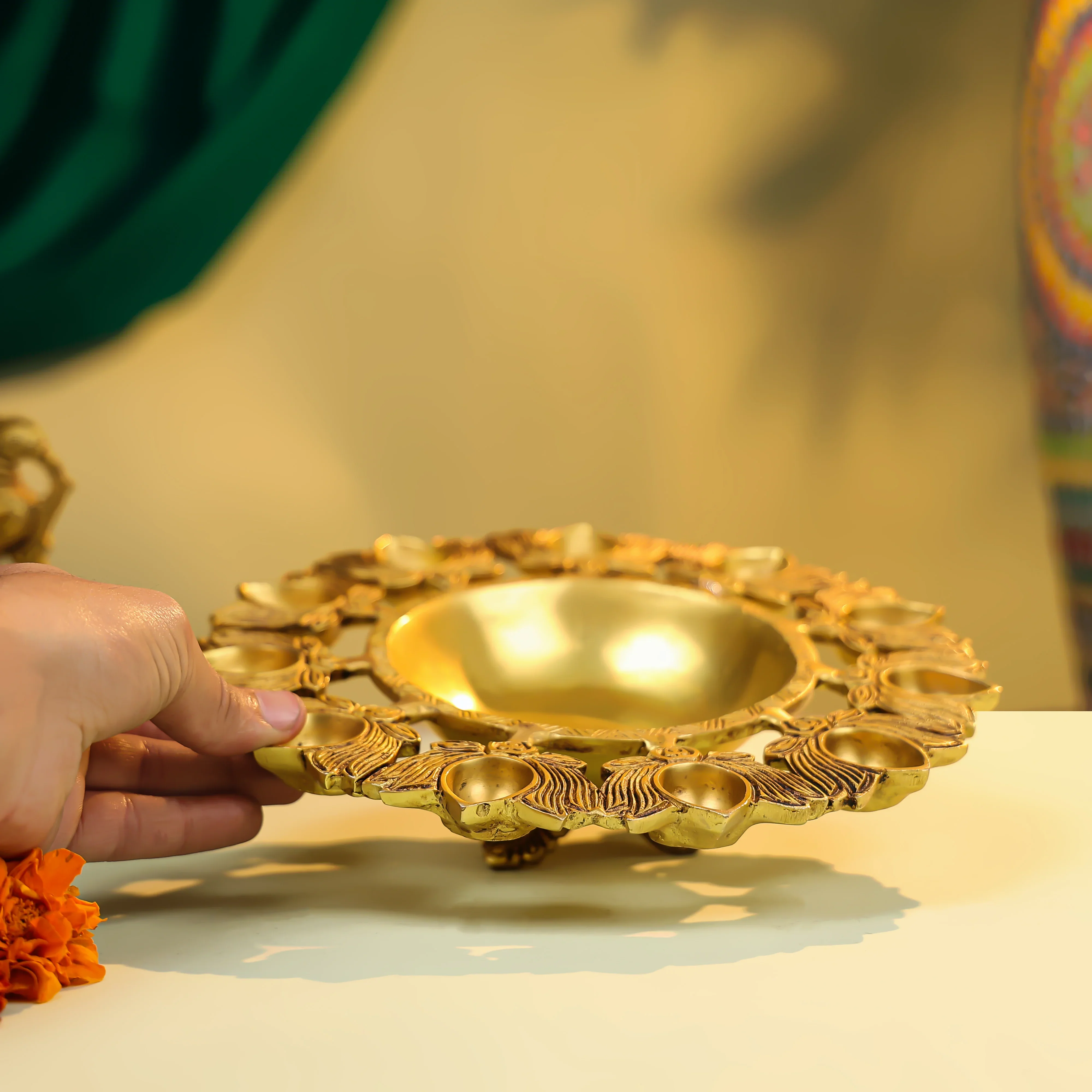 9" Brass Eleven Lotus Diya Urli