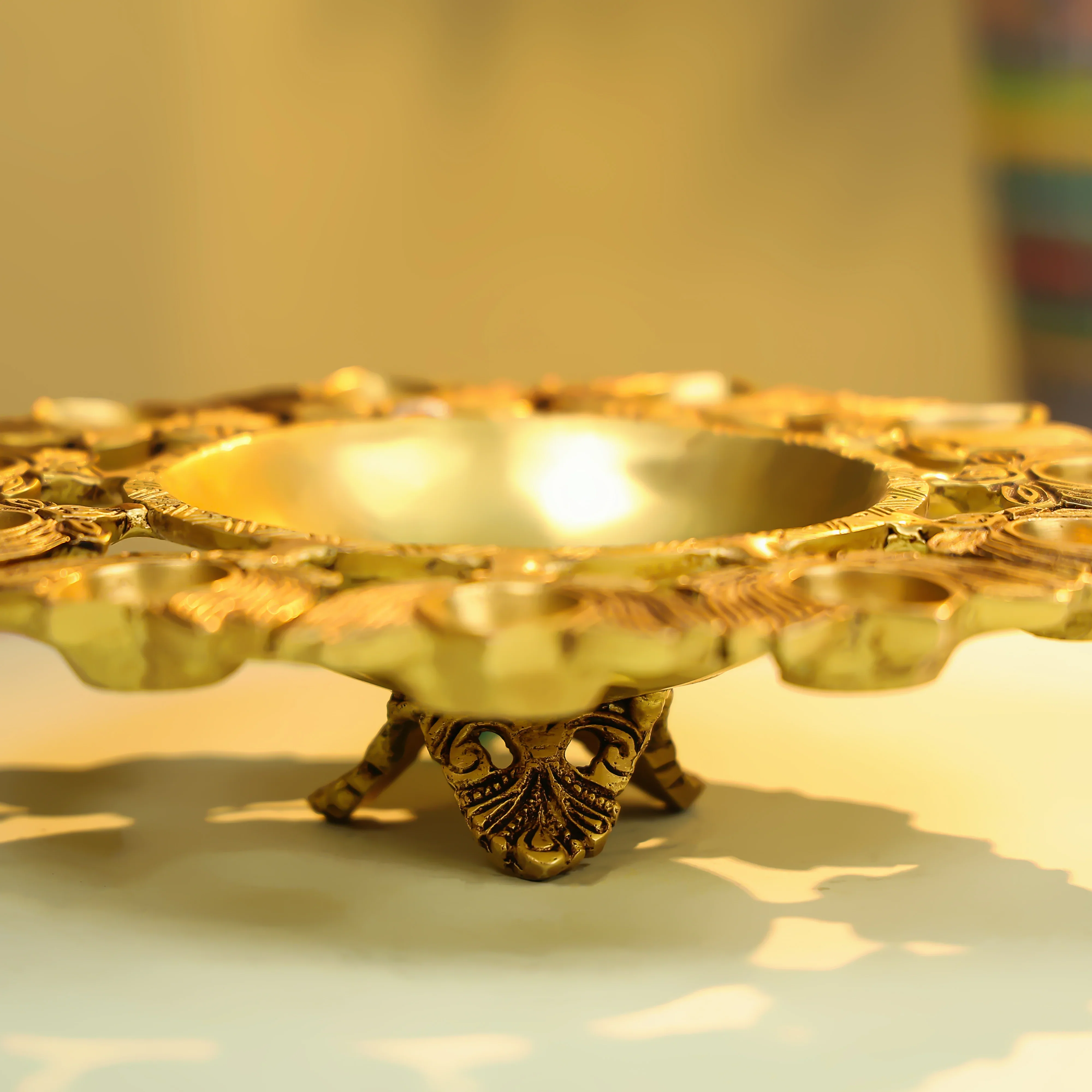 9" Brass Eleven Lotus Diya Urli - Image 4