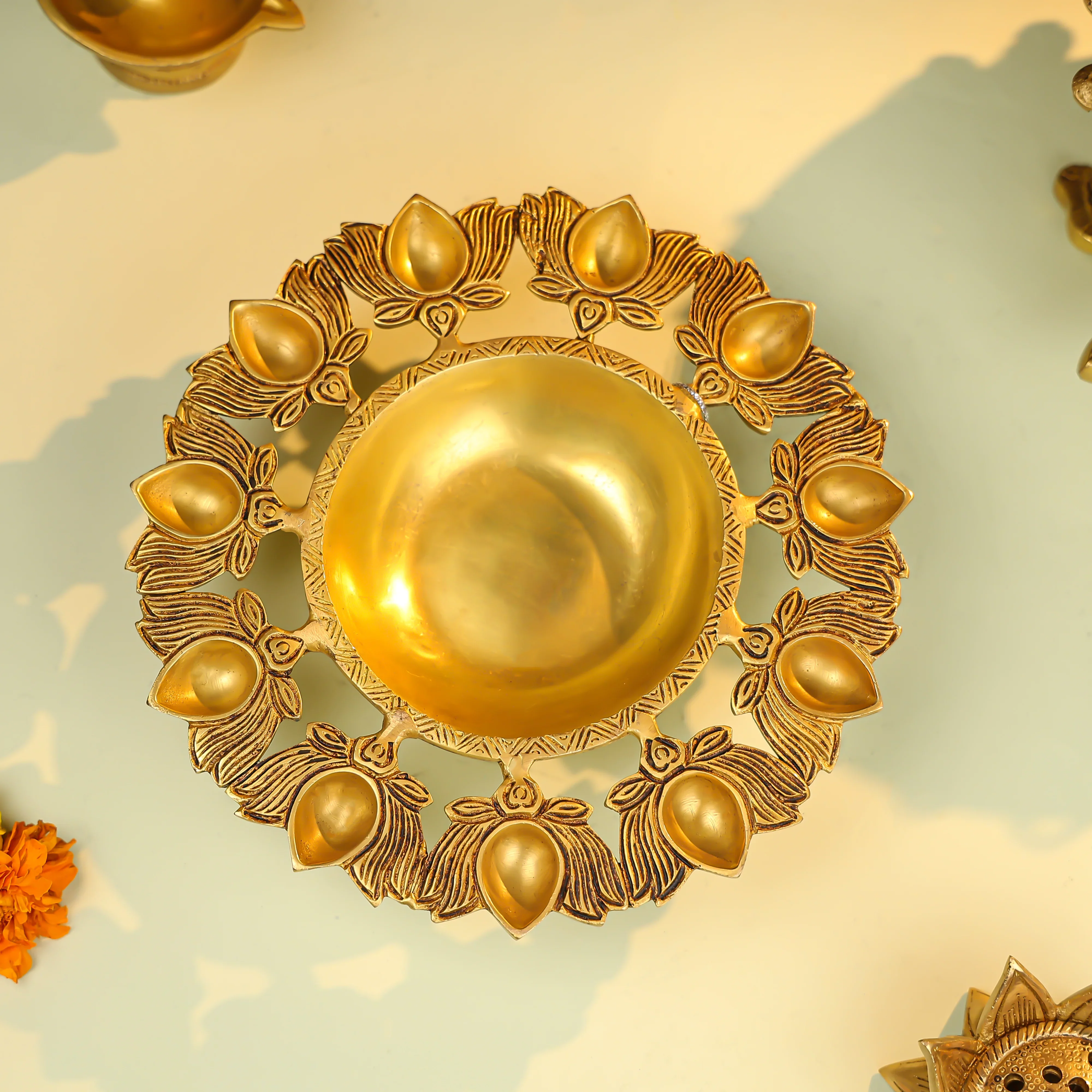 9" Brass Eleven Lotus Diya Urli - Image 5