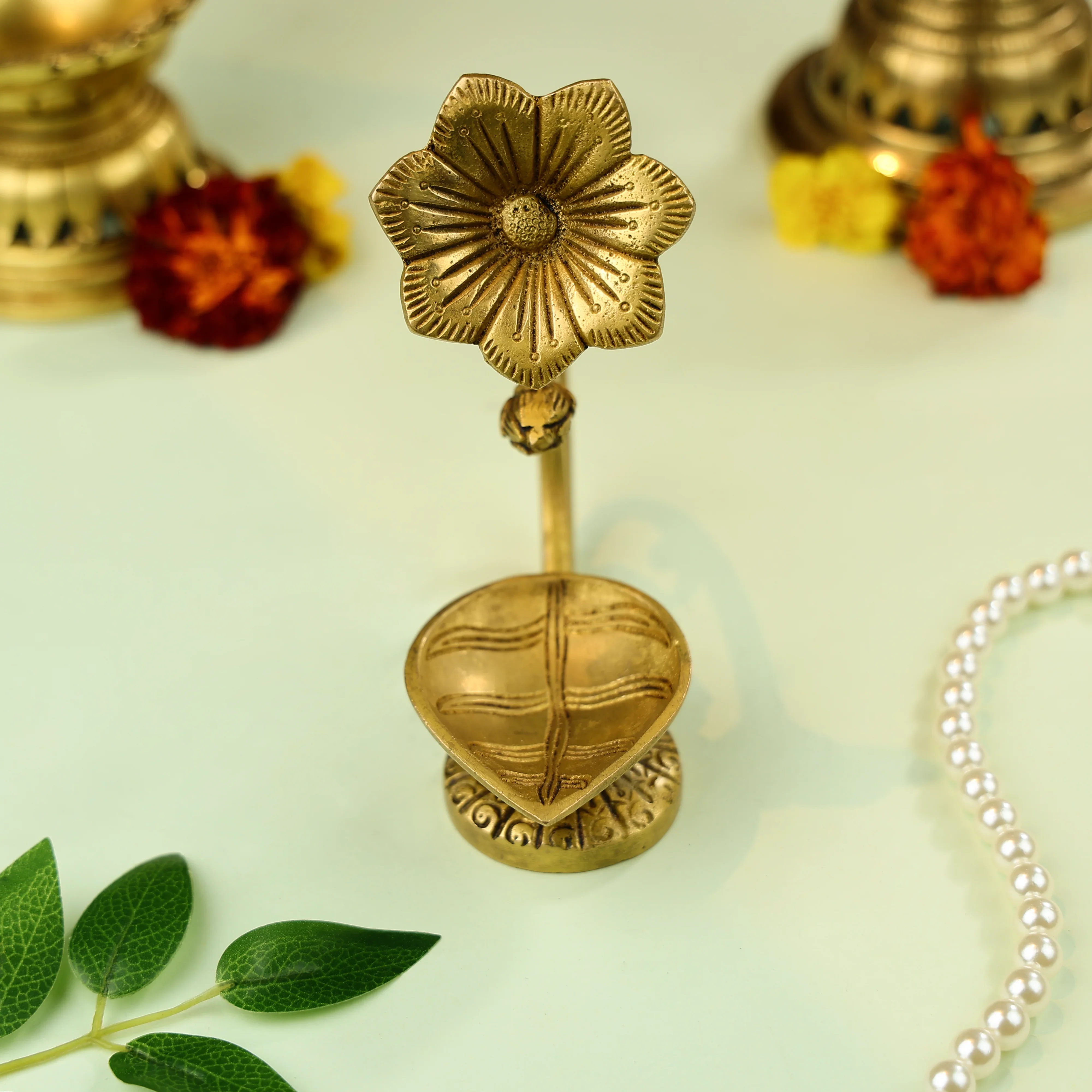 6" Brass Flower Diya - Image 3