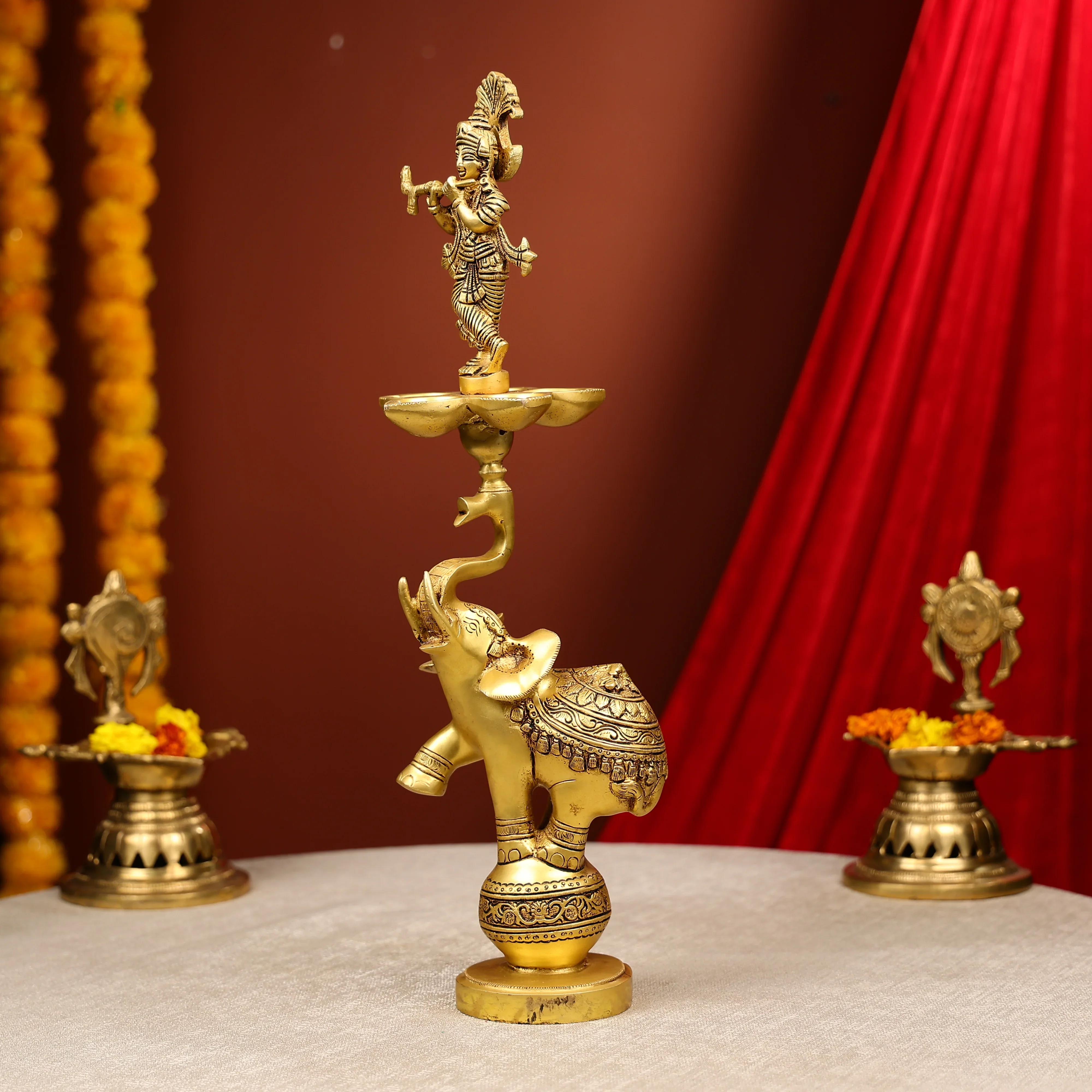 Brass Fluting Krishna On Elephant Five-Wick Diya - Image 2