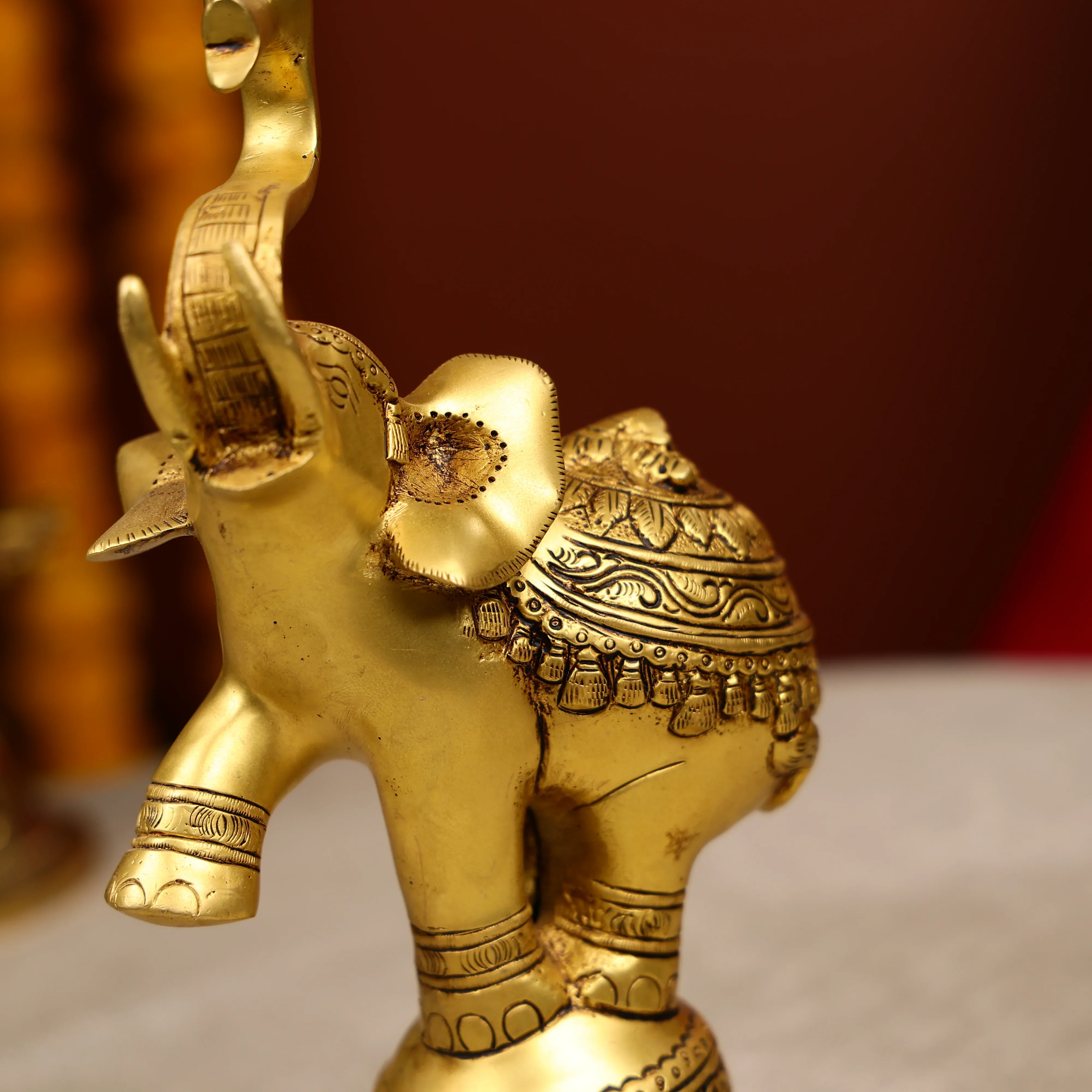 Brass Fluting Krishna On Elephant Five-Wick Diya - Image 5