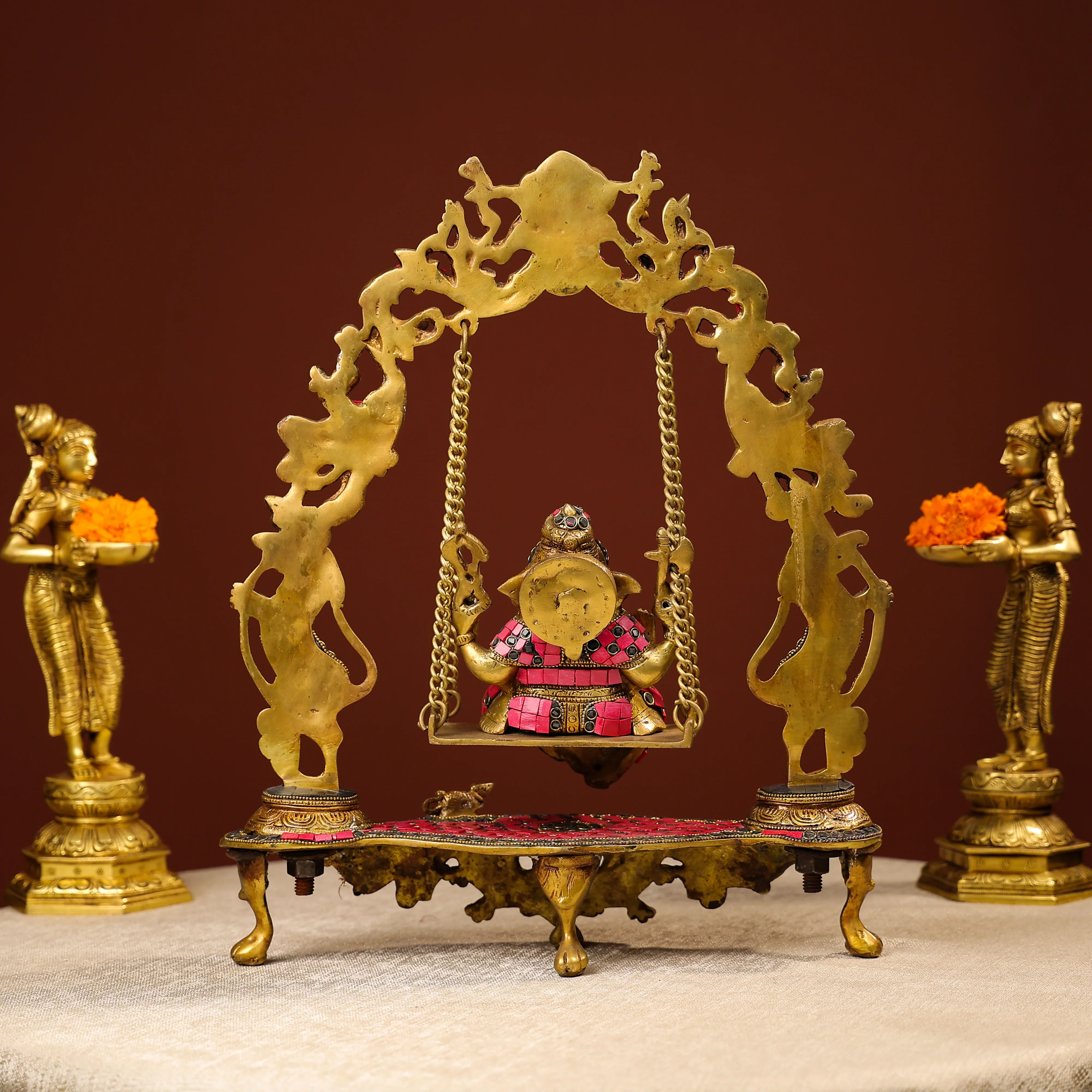 Brass Ganesh On Swing With Colourful Stonework - Image 4