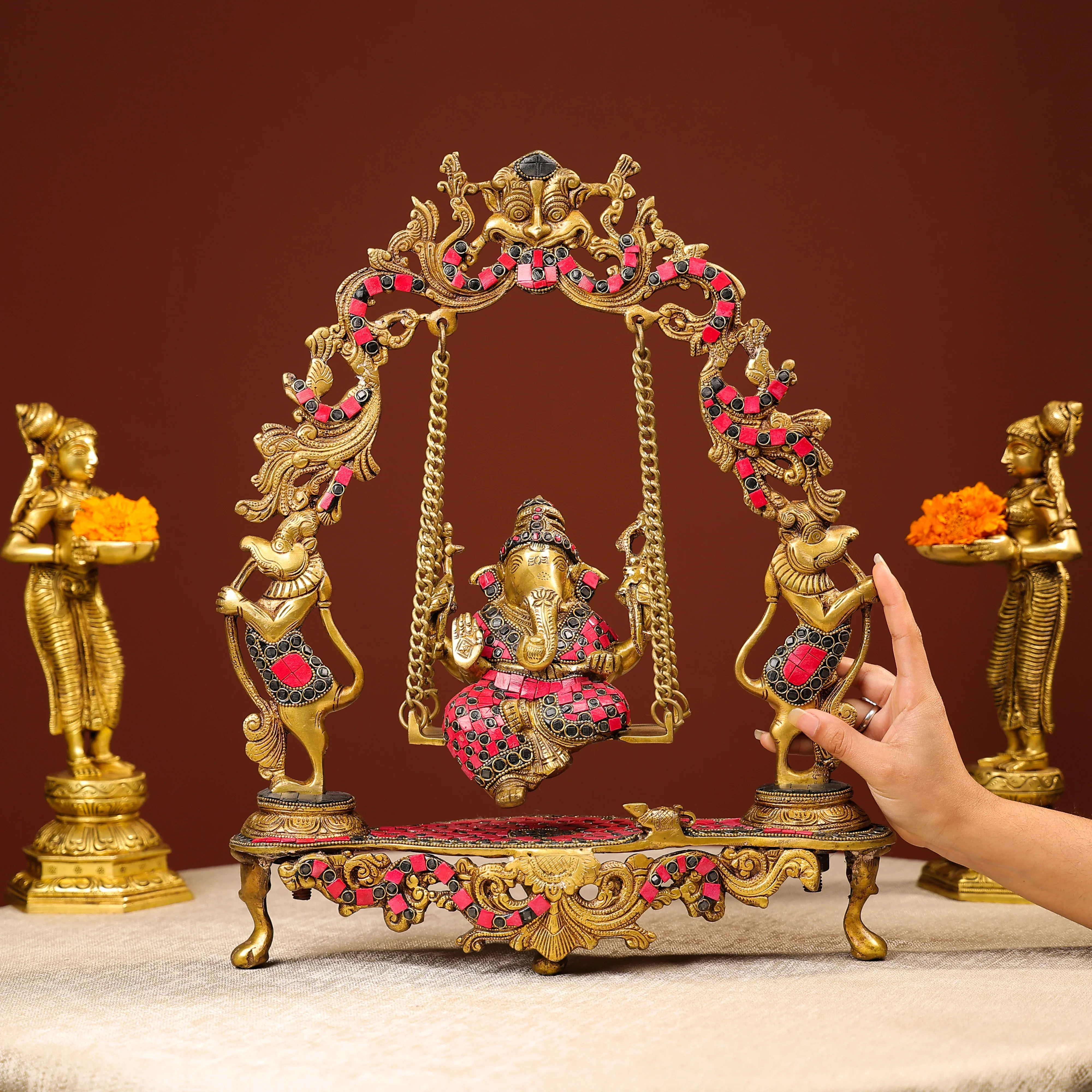 Brass Ganesh On Swing With Colourful Stonework - Image 5