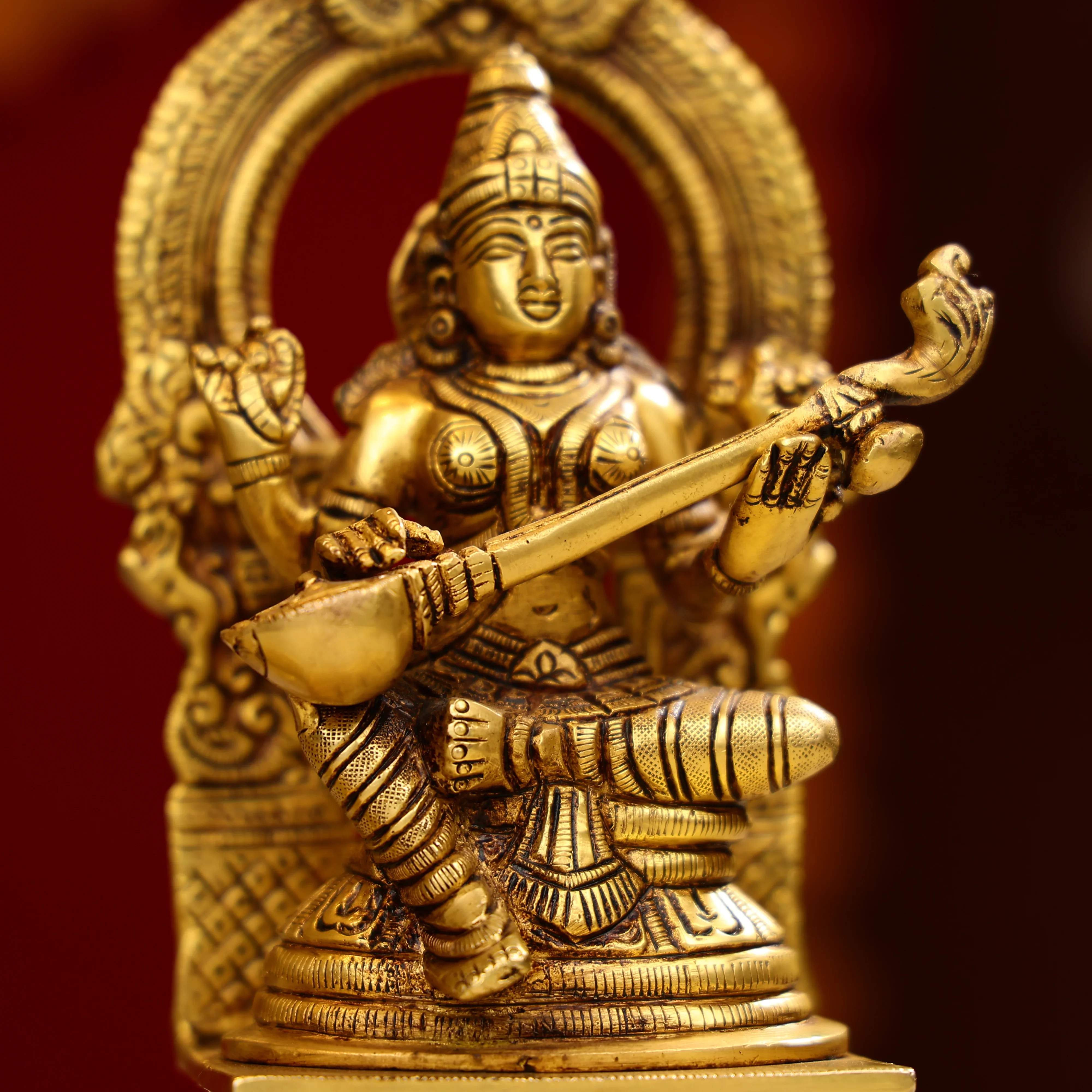 8" Super Fine Brass Goddess Lakshmi, Lord Ganesha & Goddess Saraswati Idols Seated on Throne - Image 10