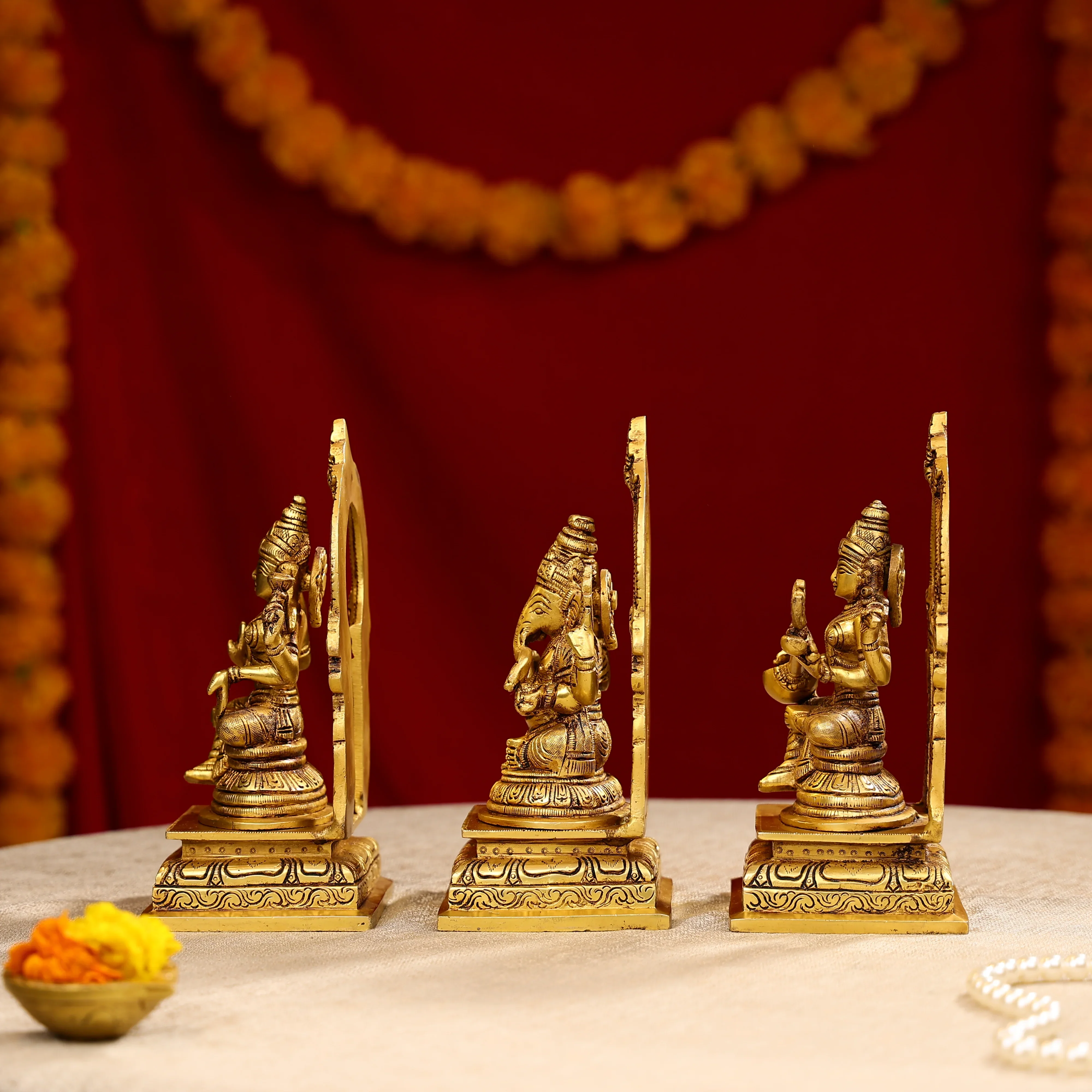 8" Super Fine Brass Goddess Lakshmi, Lord Ganesha & Goddess Saraswati Idols Seated on Throne - Image 2