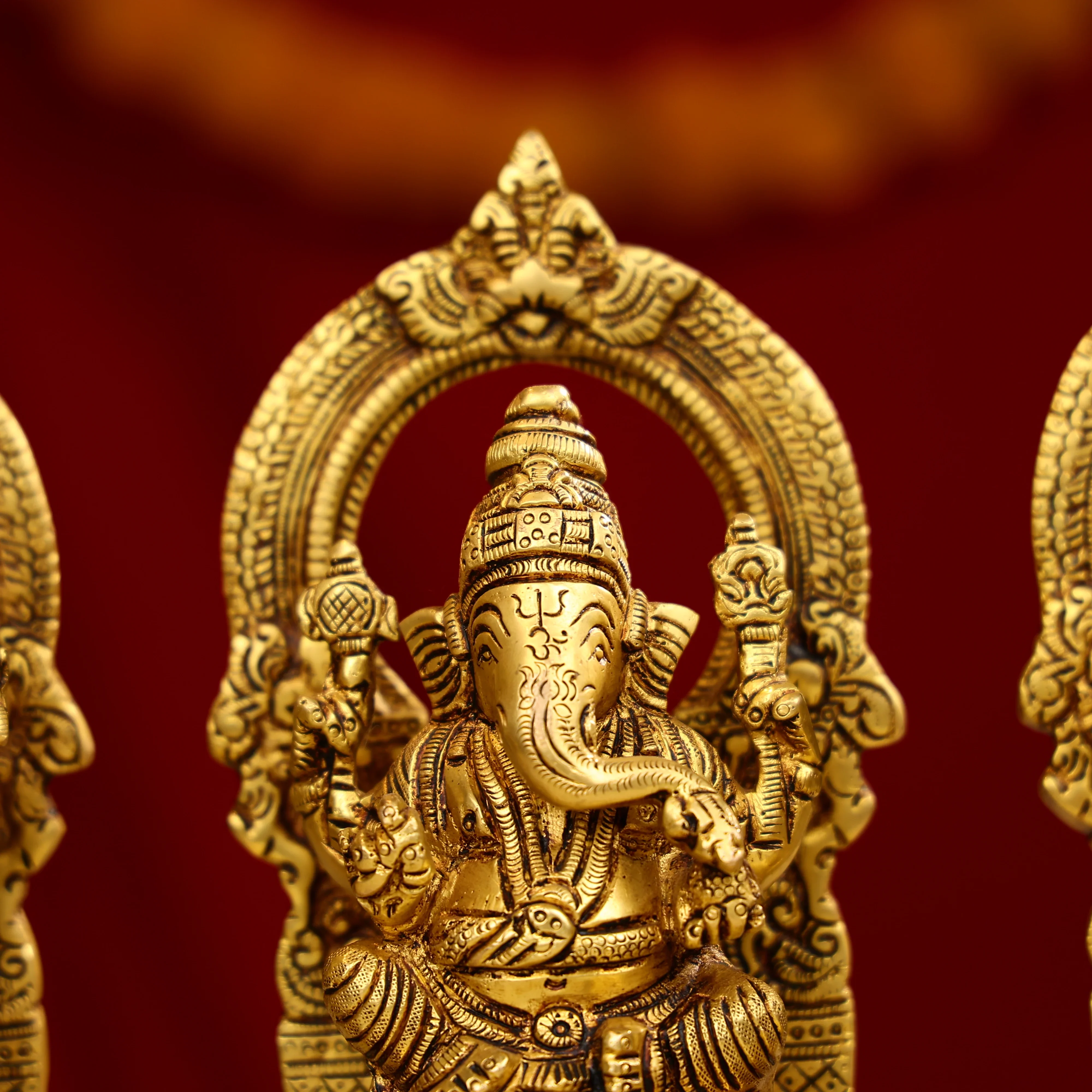 8" Super Fine Brass Goddess Lakshmi, Lord Ganesha & Goddess Saraswati Idols Seated on Throne - Image 5