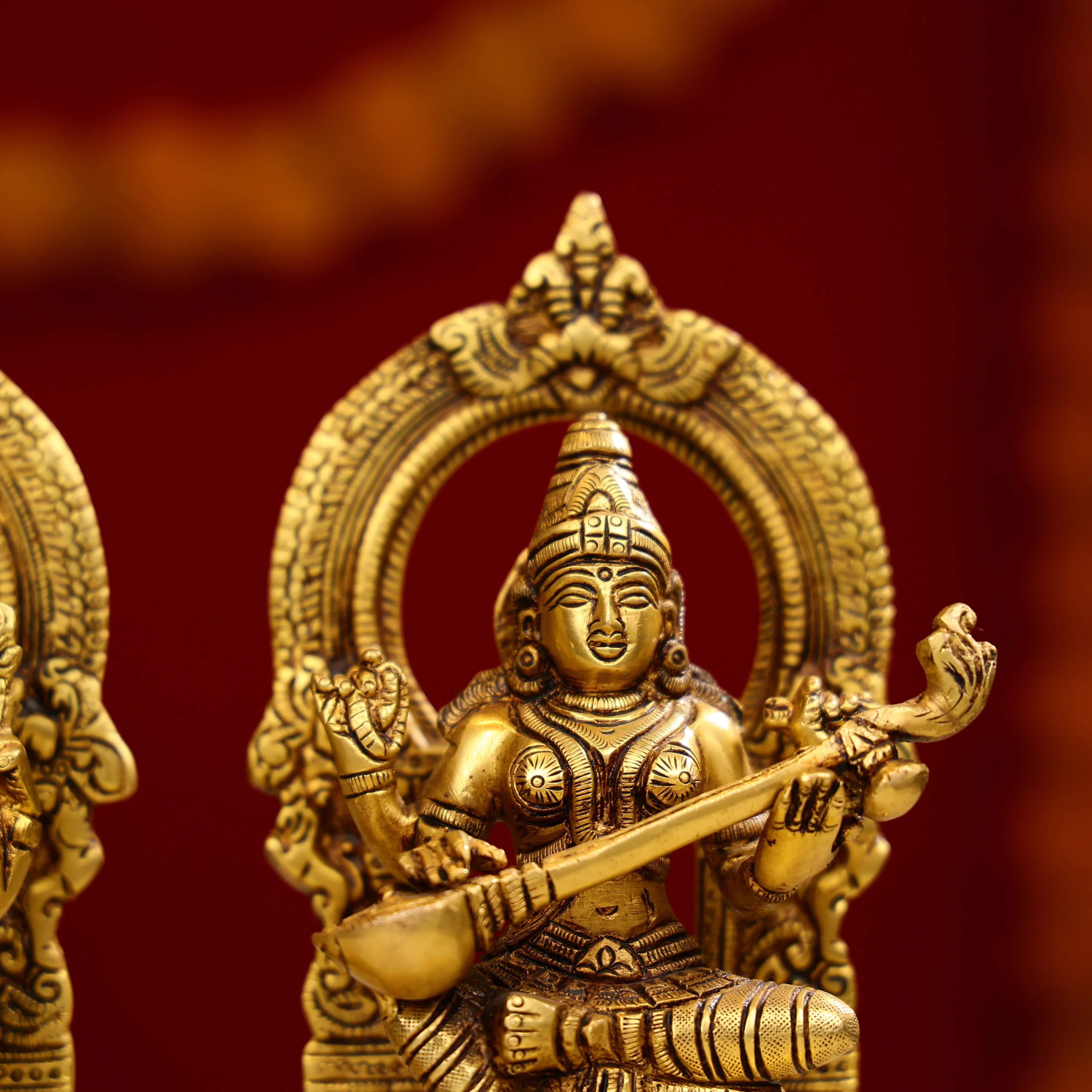8" Super Fine Brass Goddess Lakshmi, Lord Ganesha & Goddess Saraswati Idols Seated on Throne - Image 6