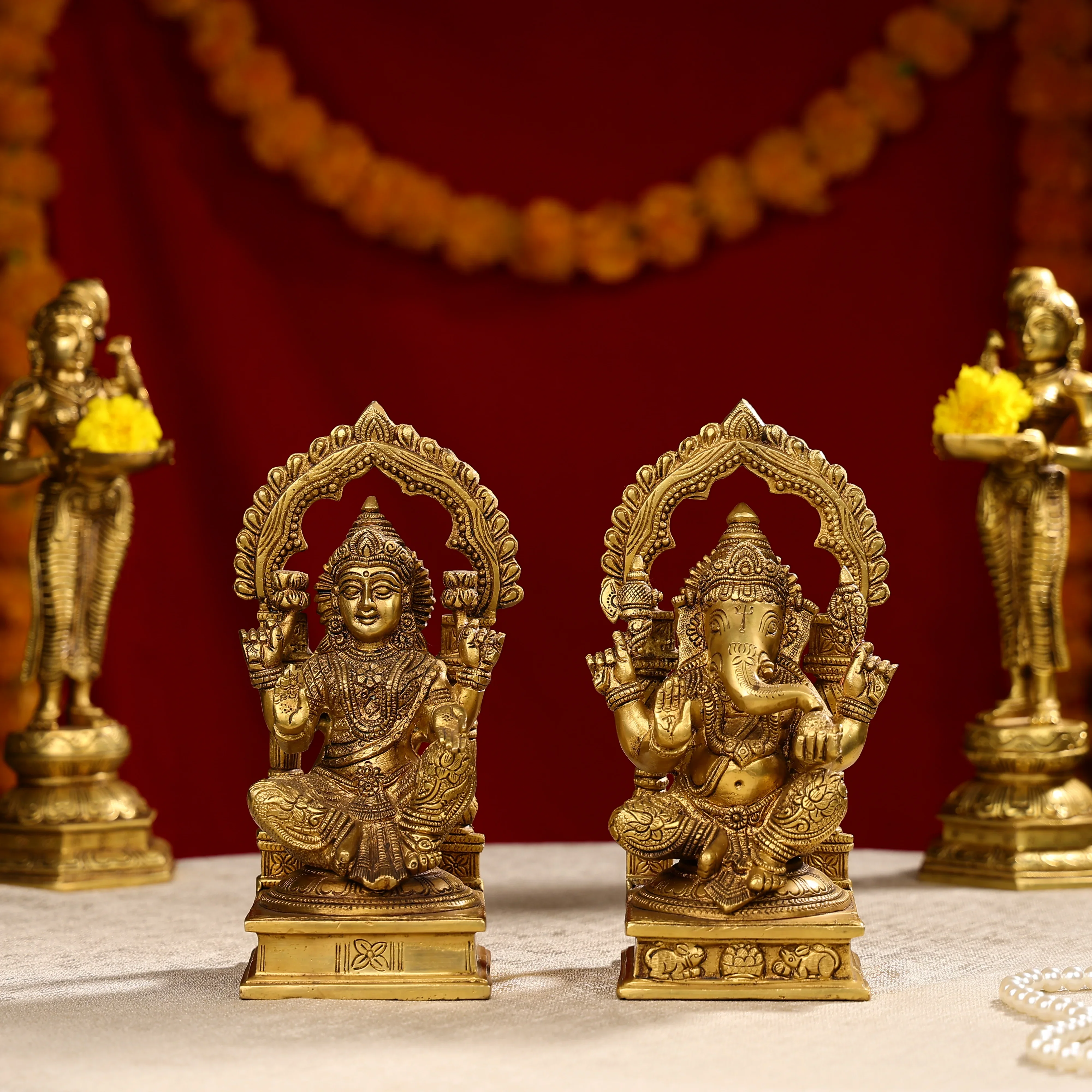9.25" Super Fine Brass Goddess Laxmi & Lord Ganesh Idols Seated On Throne