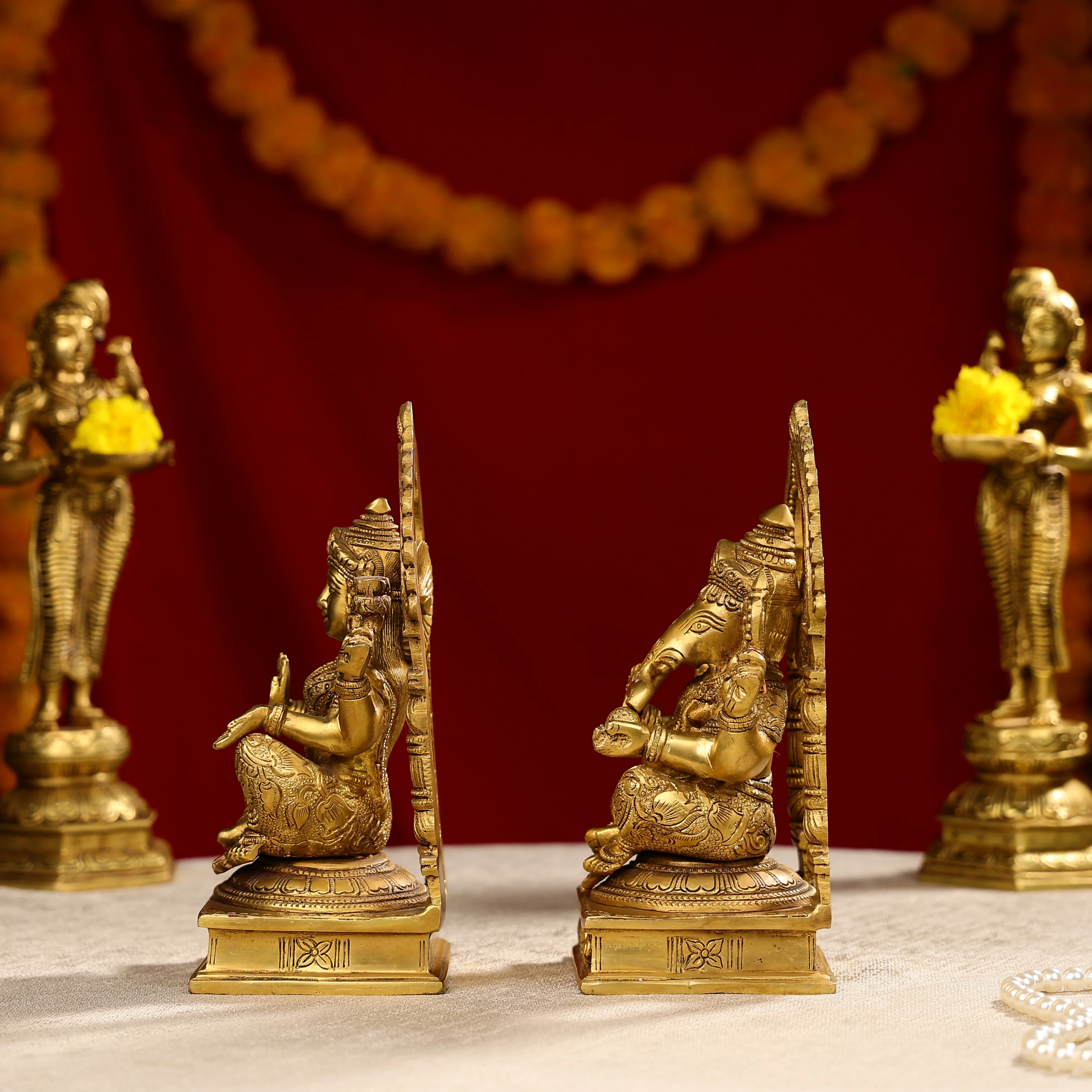 9.25" Super Fine Brass Goddess Laxmi & Lord Ganesh Idols Seated On Throne - Image 2