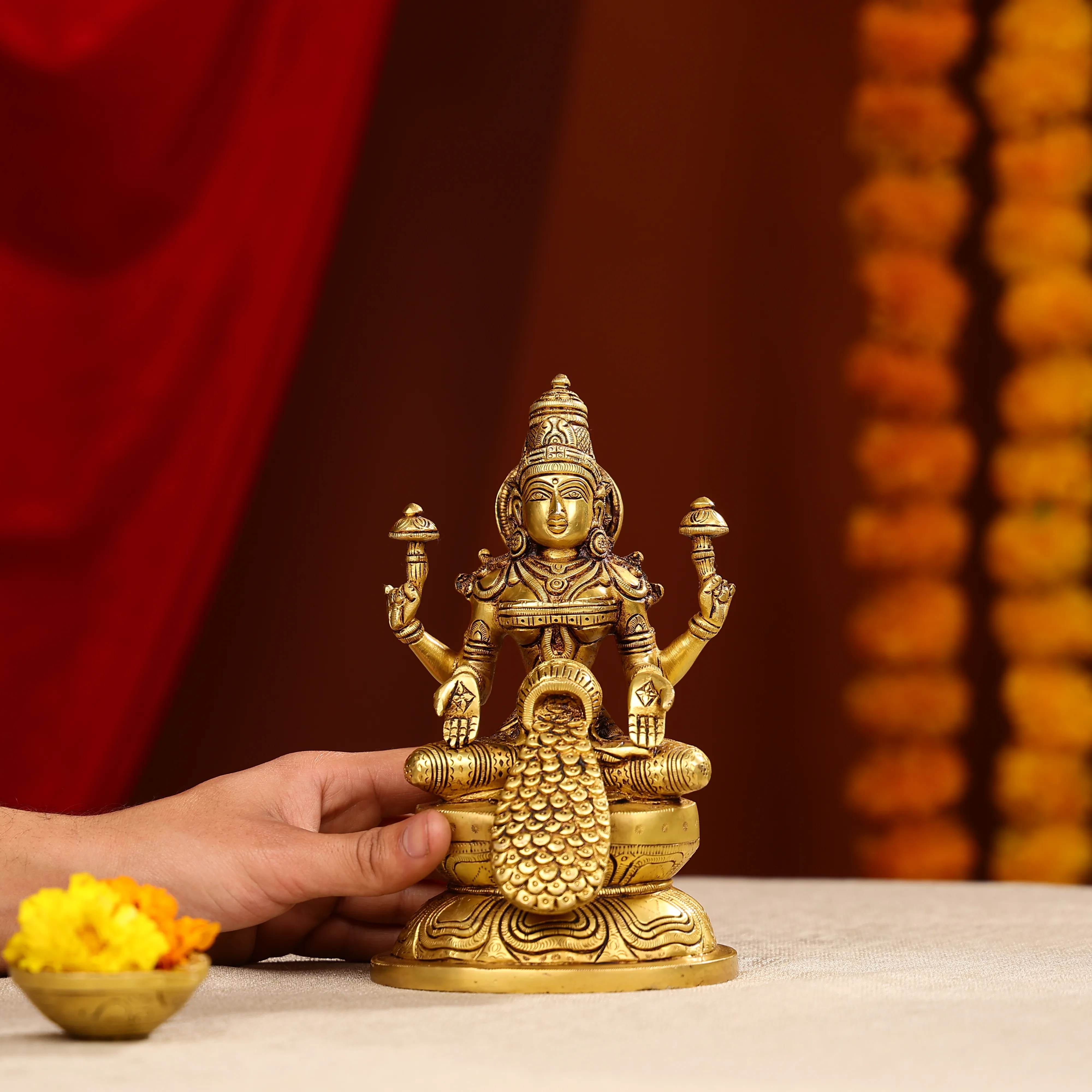 8" Super Fine Brass Goddess Laxmi Showering Wealth Idol - Image 2