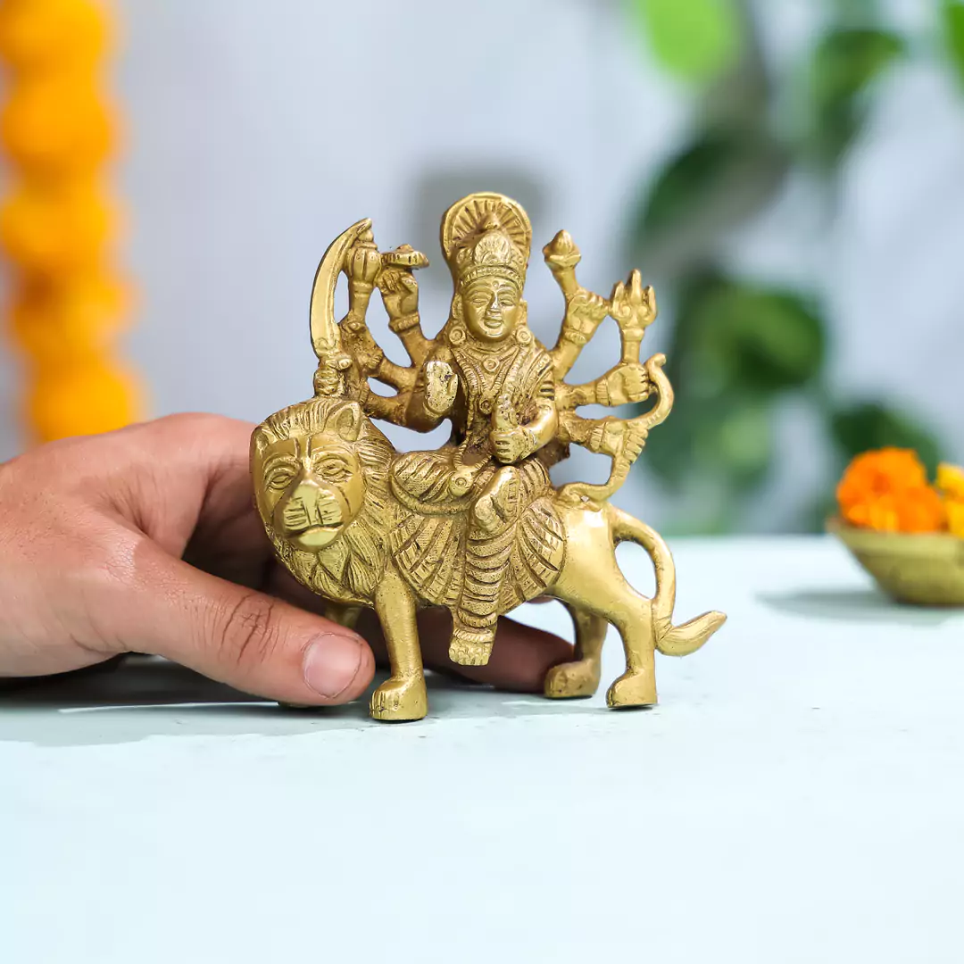 5" Brass Goddess Durga Idol - Image 4
