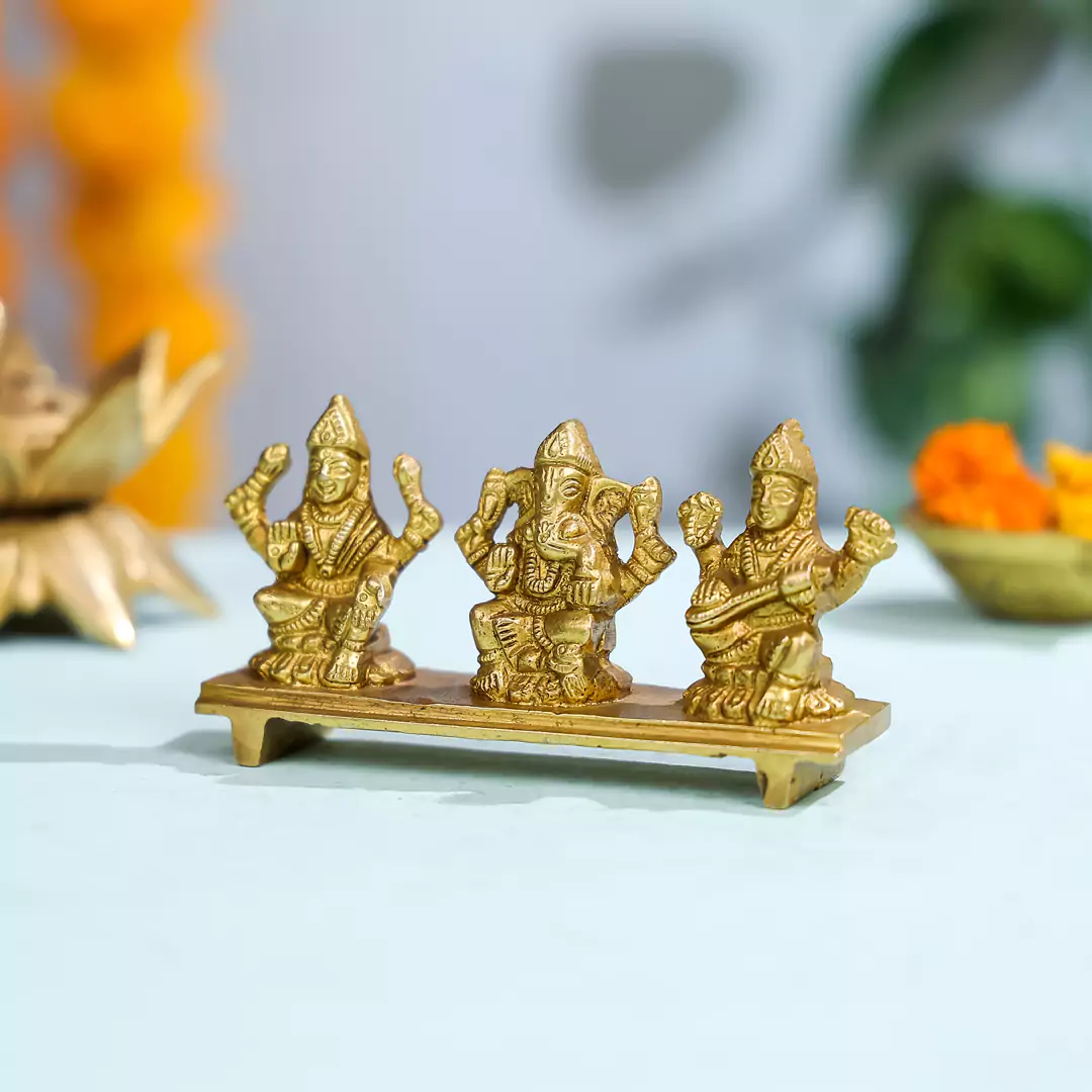 Brass Idol Of Goddess Lakshmi, Lord Ganesha And Goddess Saraswati - Image 2