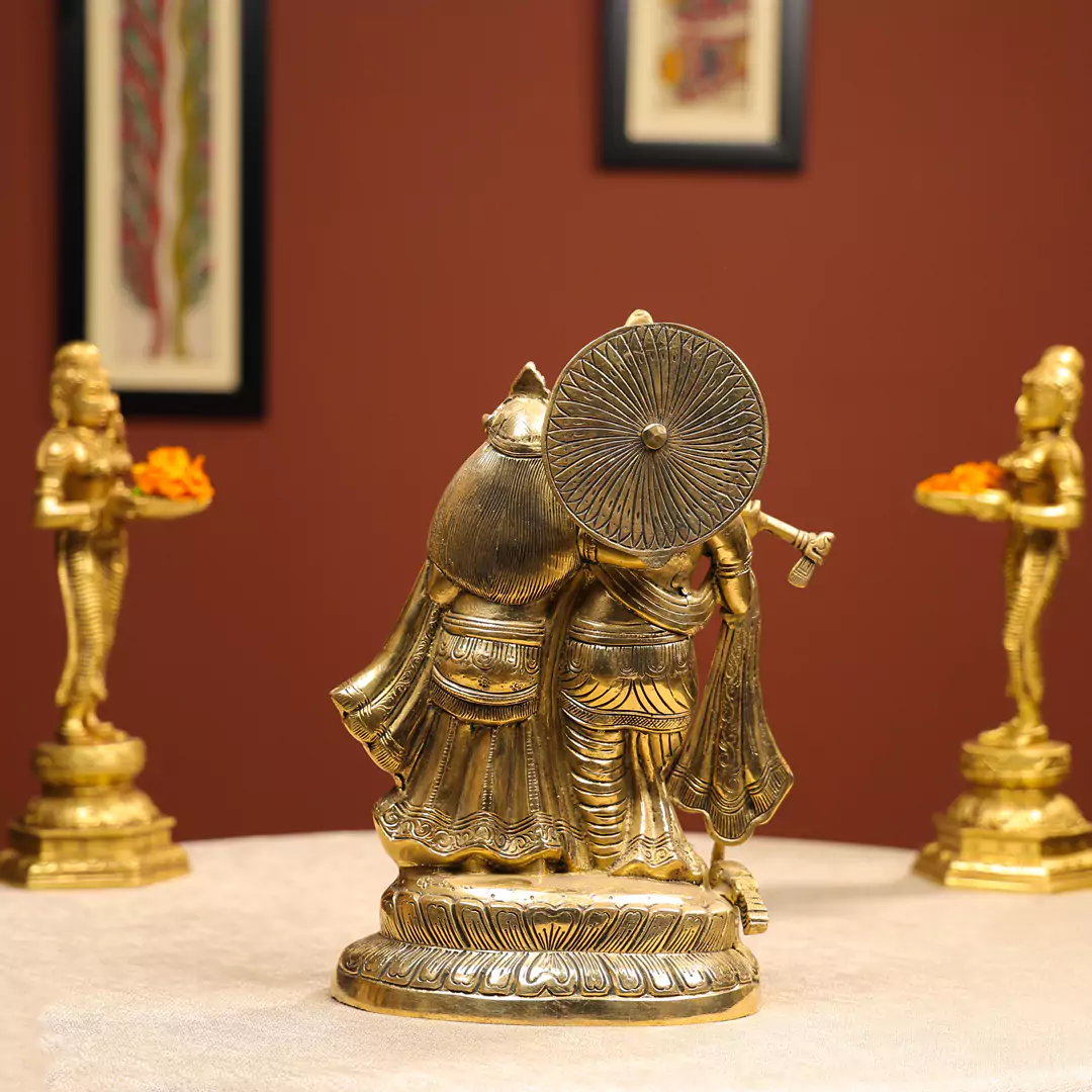 13" Brass Radha Krishna Idol With Peacock On Lotus Base - Image 3