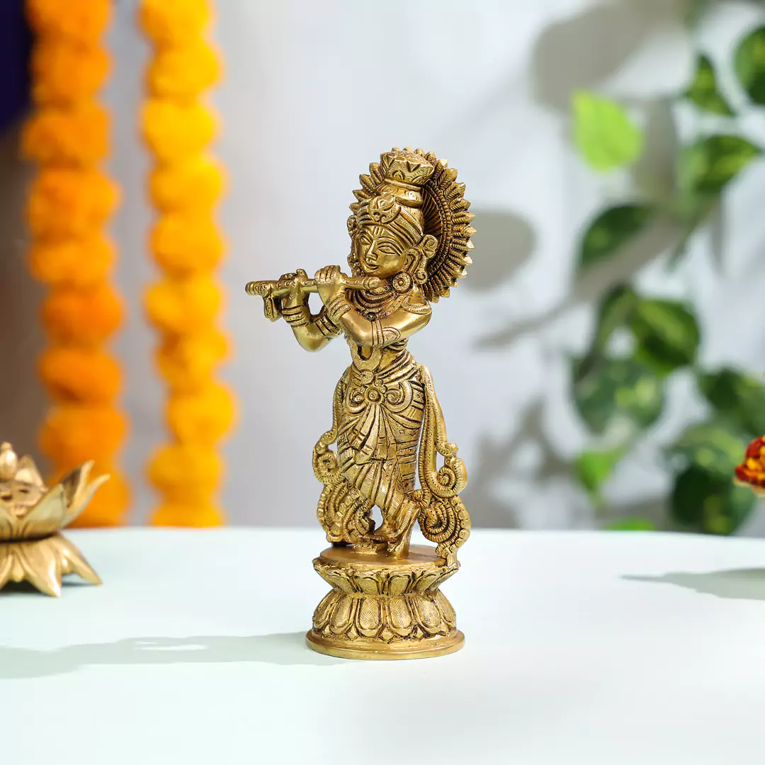 Brass Idol Of Standing Krishna With Flute - Image 2