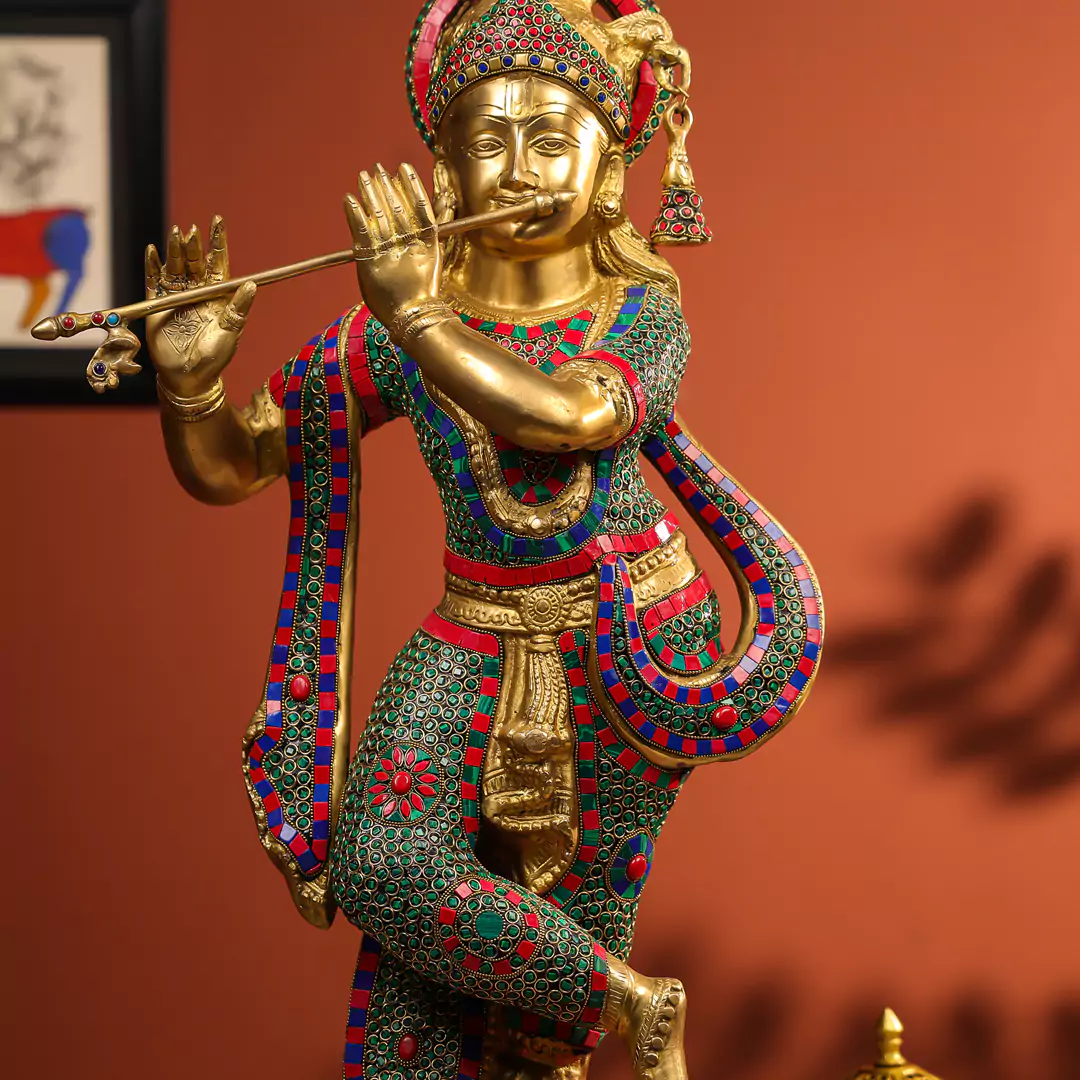 35" Brass Krishna Idol Fluting in Standing Pose on a Pedestal Stone Work - Large - Image 4