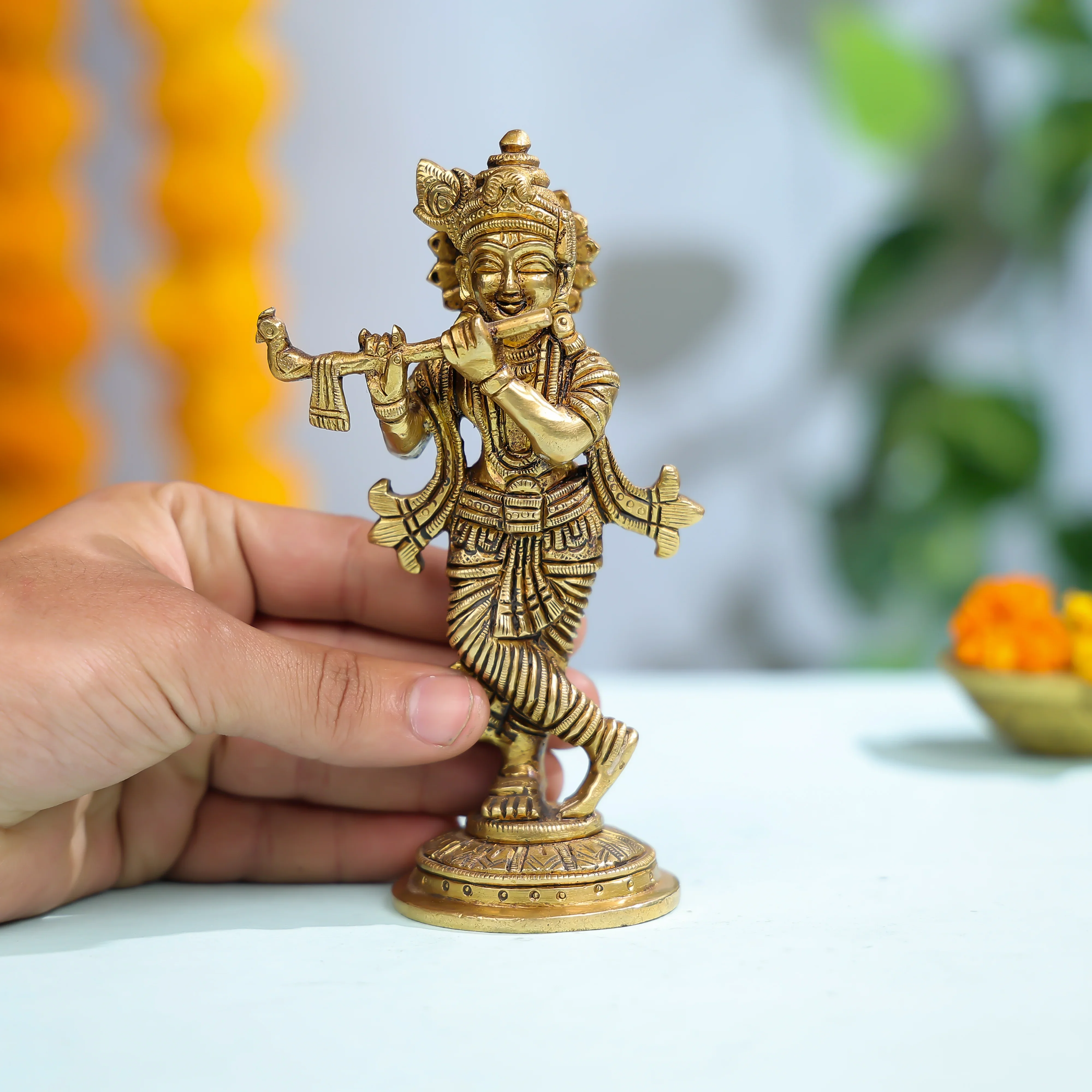 Brass Lord Krishna Statue With Flute For Sacred And Festive Decor - Image 3