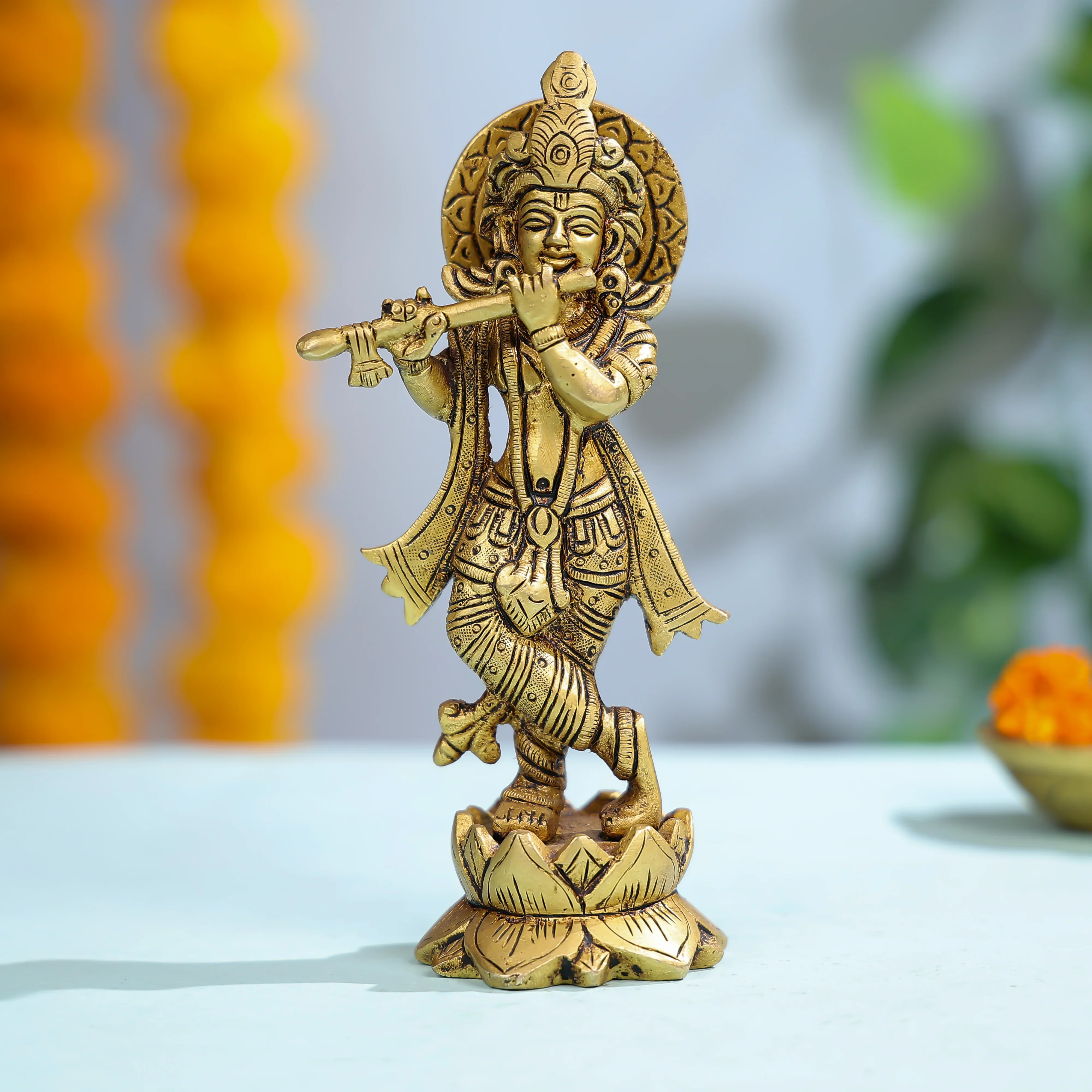 Brass Lord Krishna Playing Flute On Lotus Base