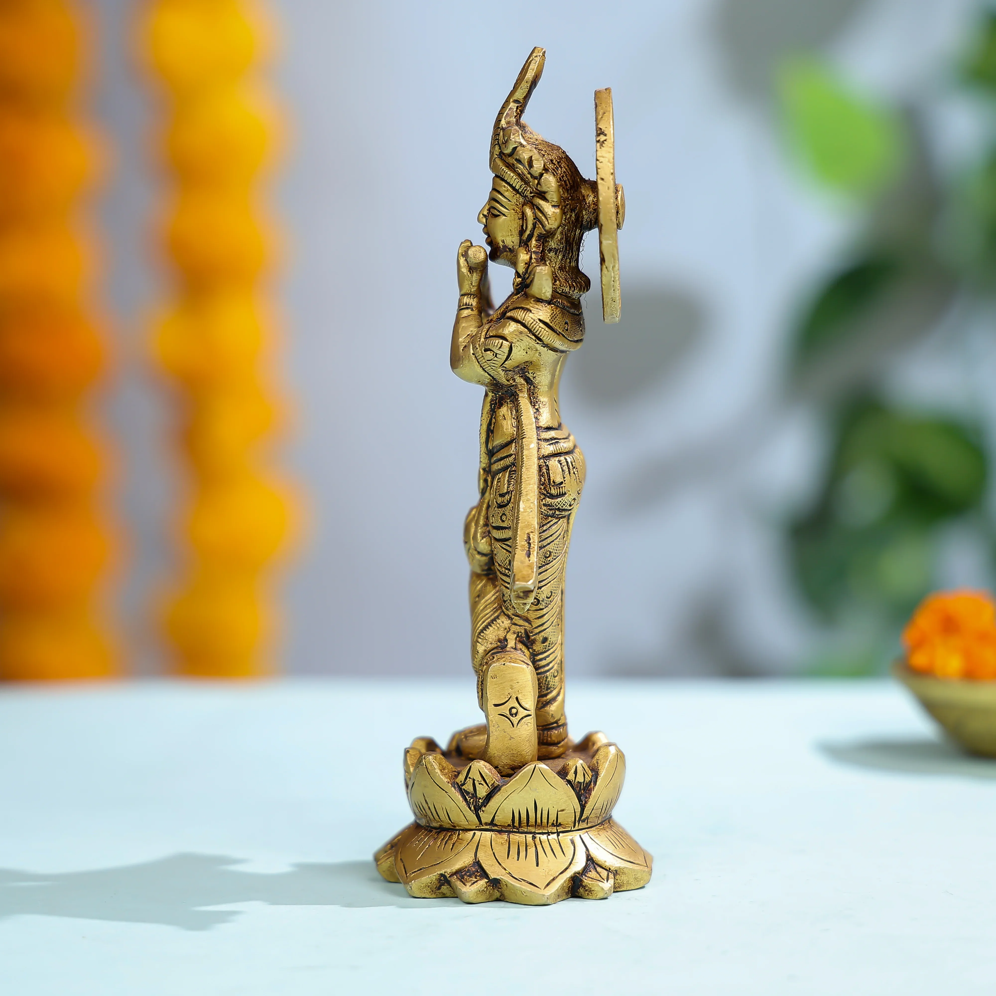 Brass Lord Krishna Playing Flute On Lotus Base - Image 3